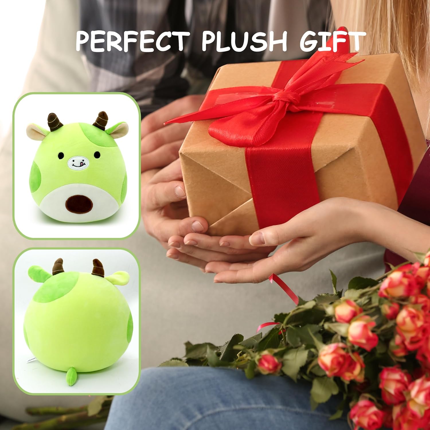 Almohada de peluche de vaca de aguacate, bonito animal de peluche suave, decoración para niños y niñas, color verde, 8 pulgadas