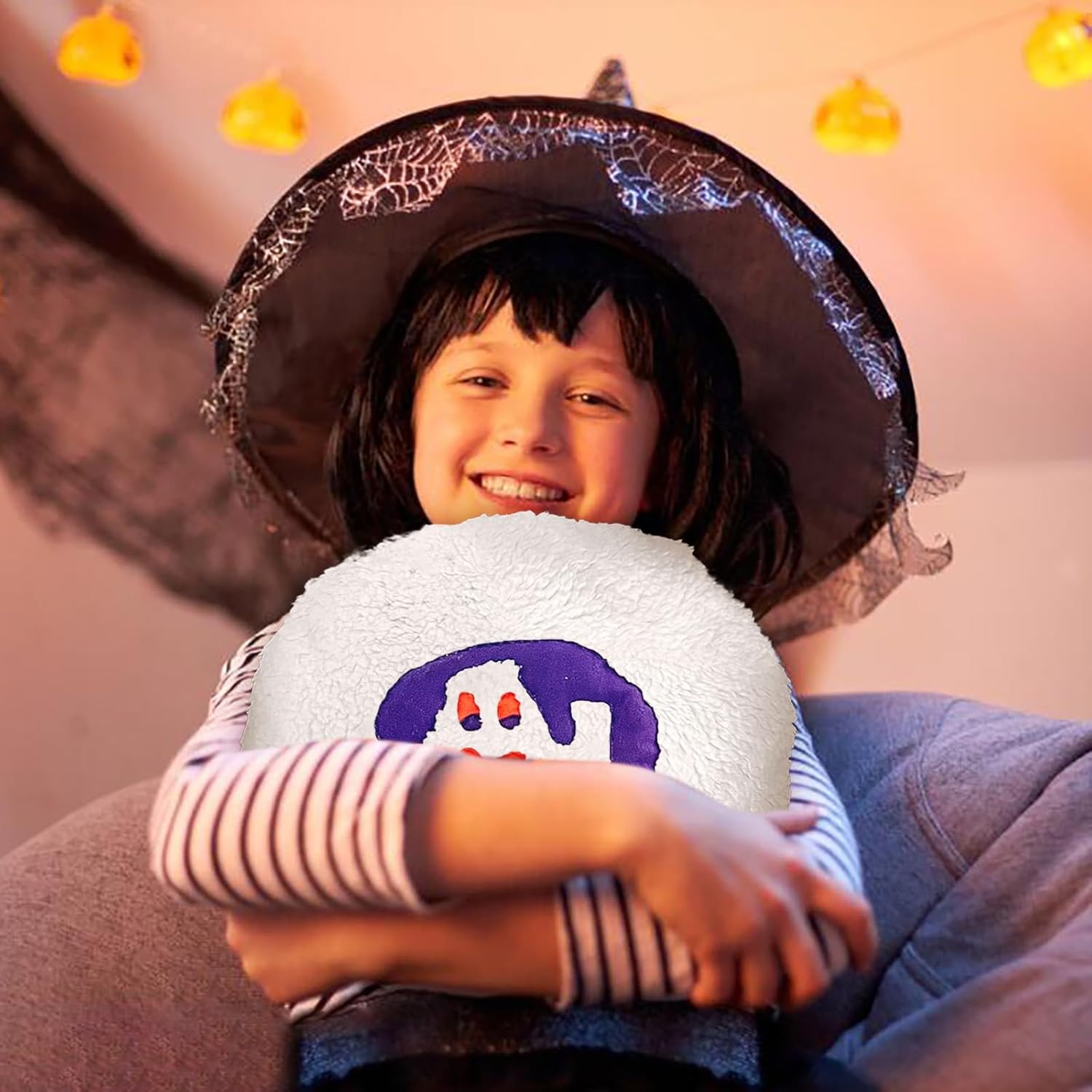 Almohada de galletas de Halloween, 1 unidad, almohada decorativa para sofá, cojín de peluche con forma de calabaza y gato, cojín de felpa peluda