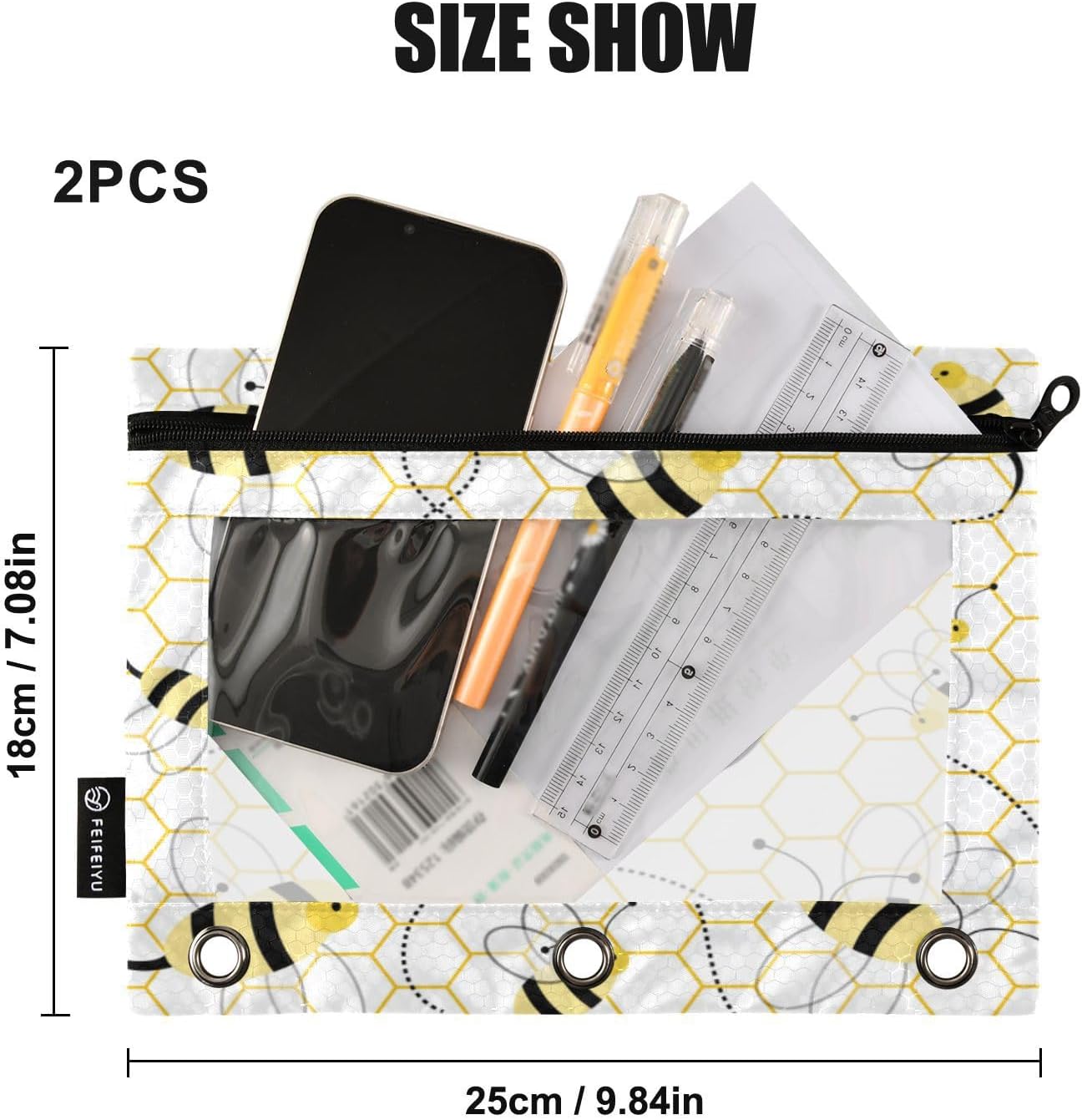 Bolsas para carpetas, lindo diseño de abeja amarilla de dibujos animados para 3 anillas de panales, paquete de 2 bolsas para lápices con ventana