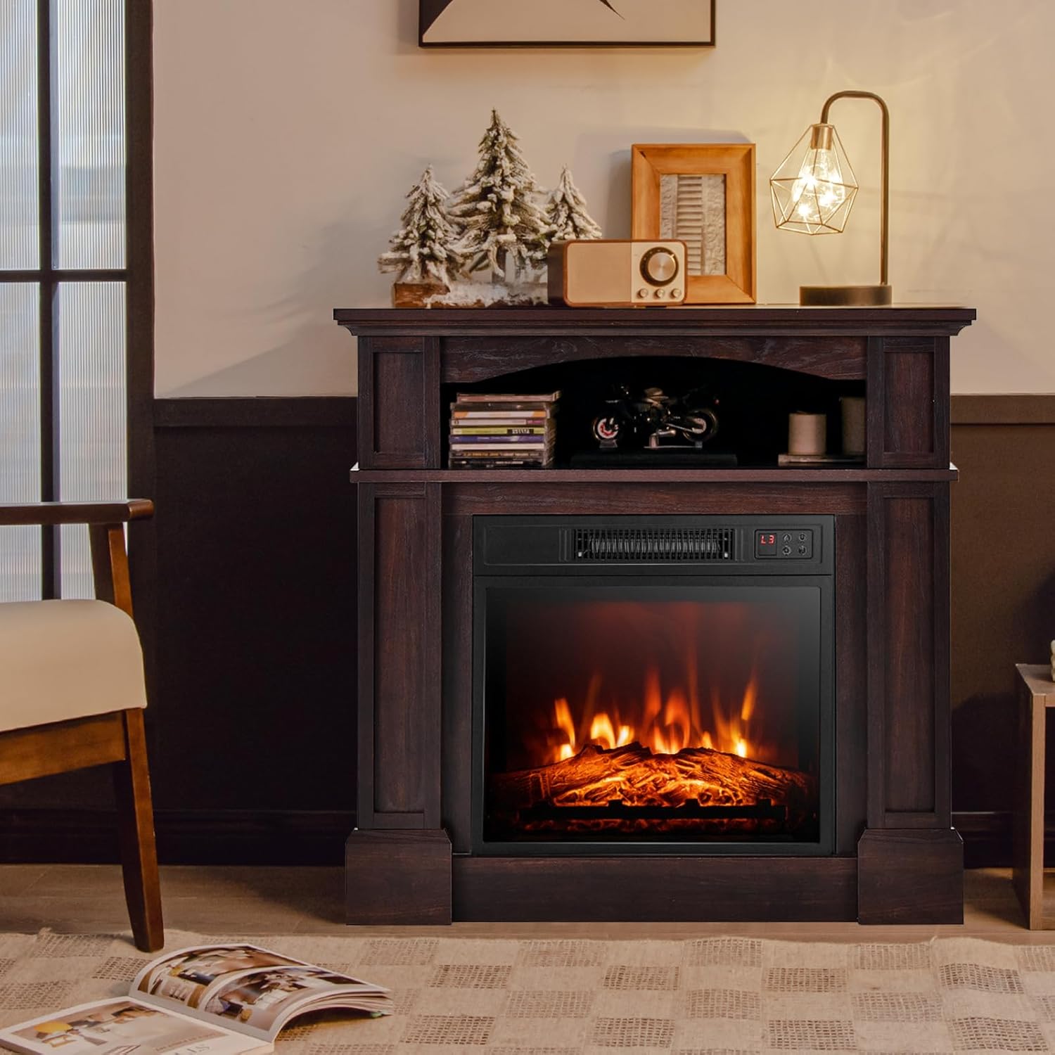 ORALNER Chimenea eléctrica de 32 pulgadas con repisa, paquete de chimenea envolvente de madera con 3 efectos de llama, control remoto y temporizador