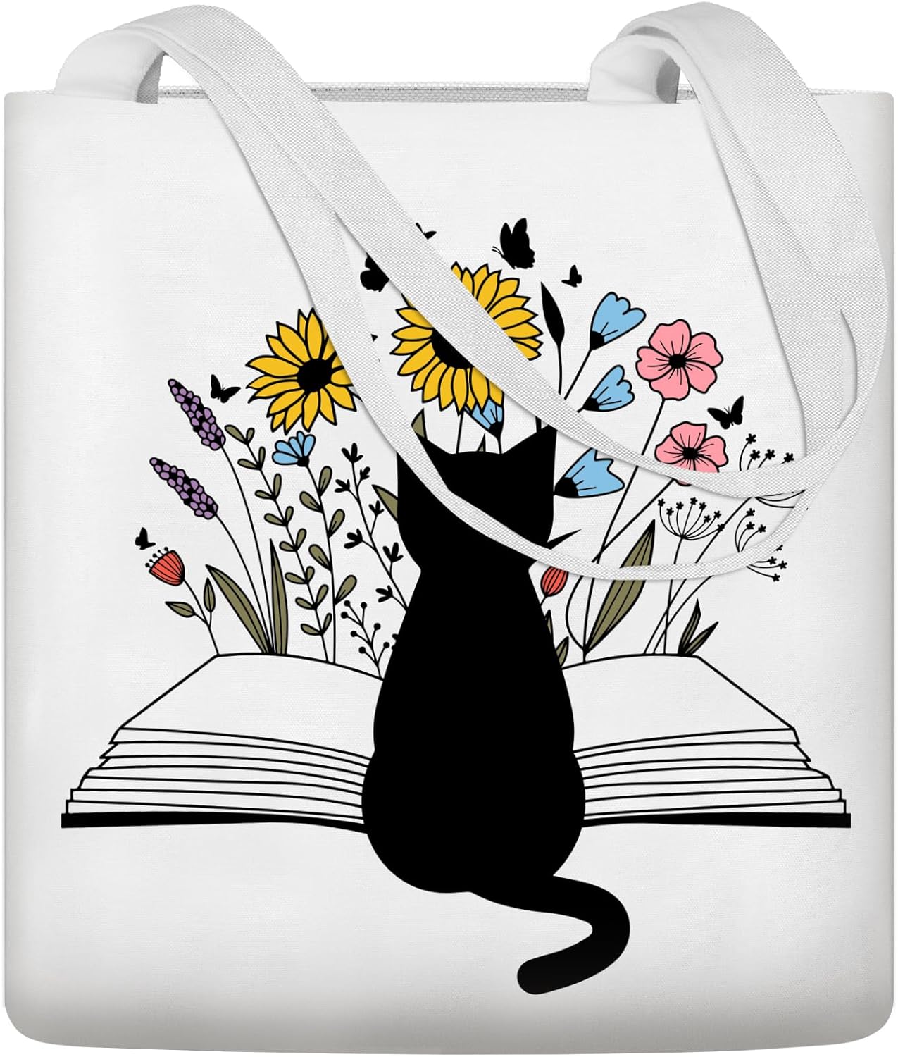Bolso de lona de tela de algodón estético para mujer, grande, reutilizable, lindo gato negro con asas