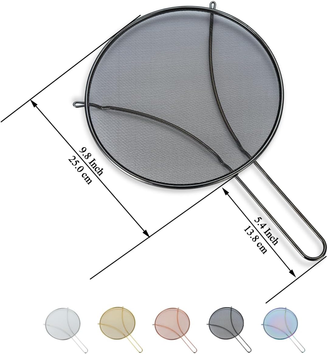 Pantalla negra contra salpicaduras para cocinar, malla fina de acero inoxidable de 9.8 pulgadas para sartén, protector de grasa para sartén para