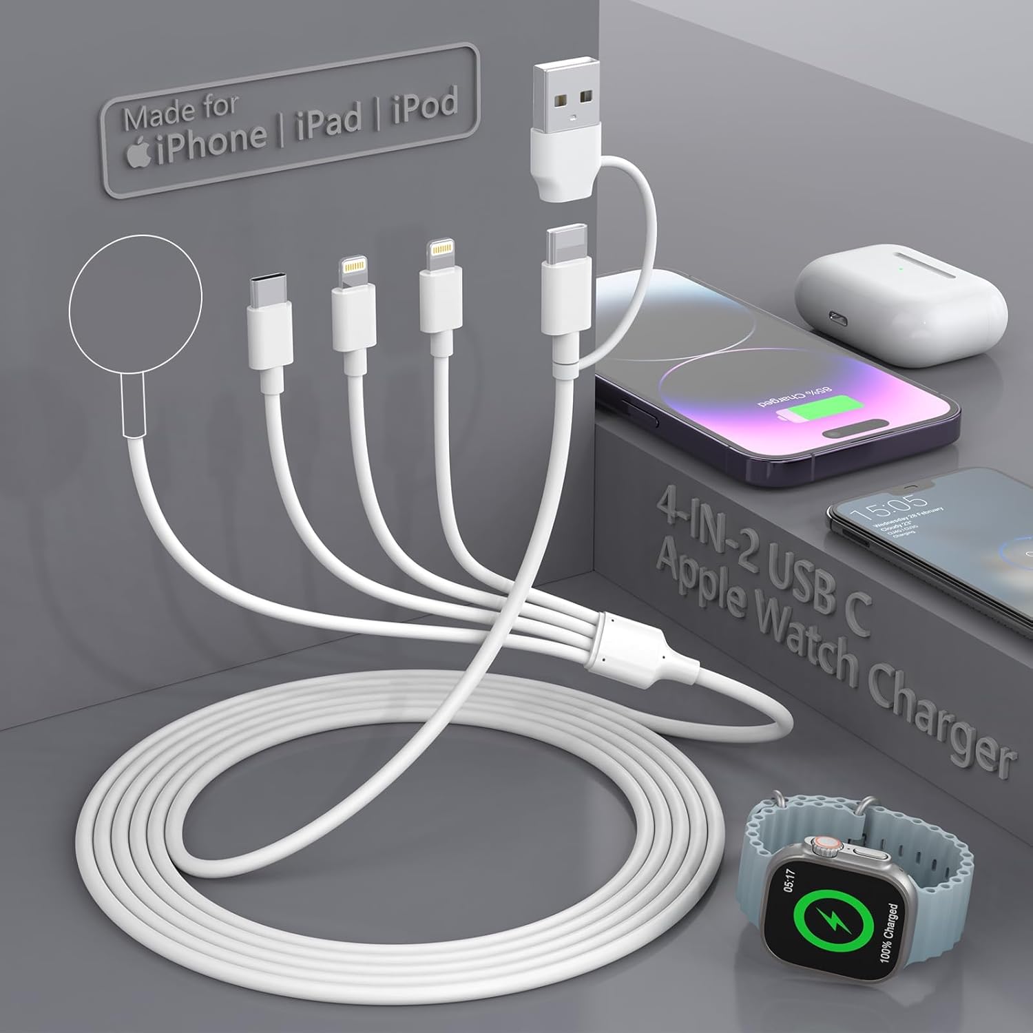 Certificado MFi Cargador USB C iWatch para Apple WatchiPhone, cargador de reloj 4 en 2, cable de carga magnético inalámbrico para Apple Watch Series