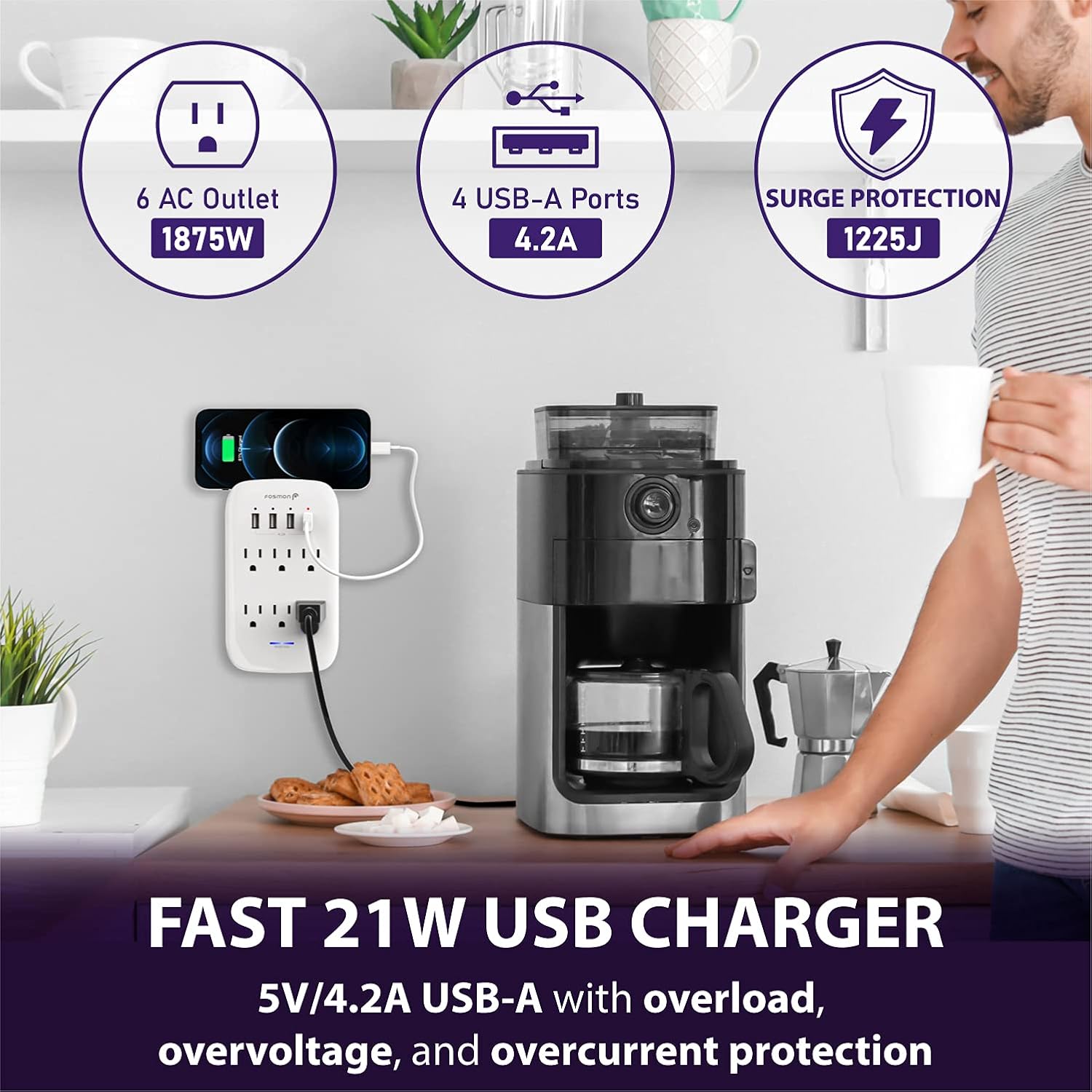 Fosmon Protector de sobretensiones de pared de 6 tomacorrientes extensor de toma de corriente adaptador de montaje en pared con 4 puertos de carga - Imagen 5