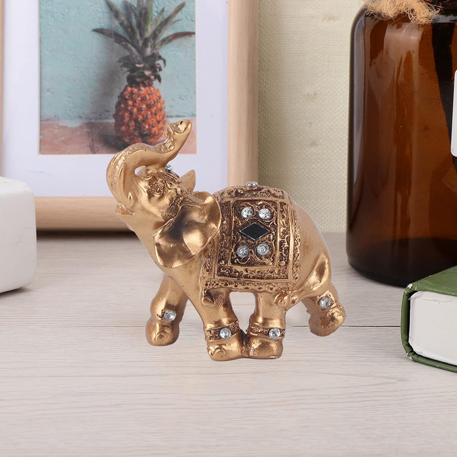 TOPINCN Elegante estatua dorada de elefante, figura con troncos hacia arriba, colección de riqueza para decoración del hogar para oficina, sala de