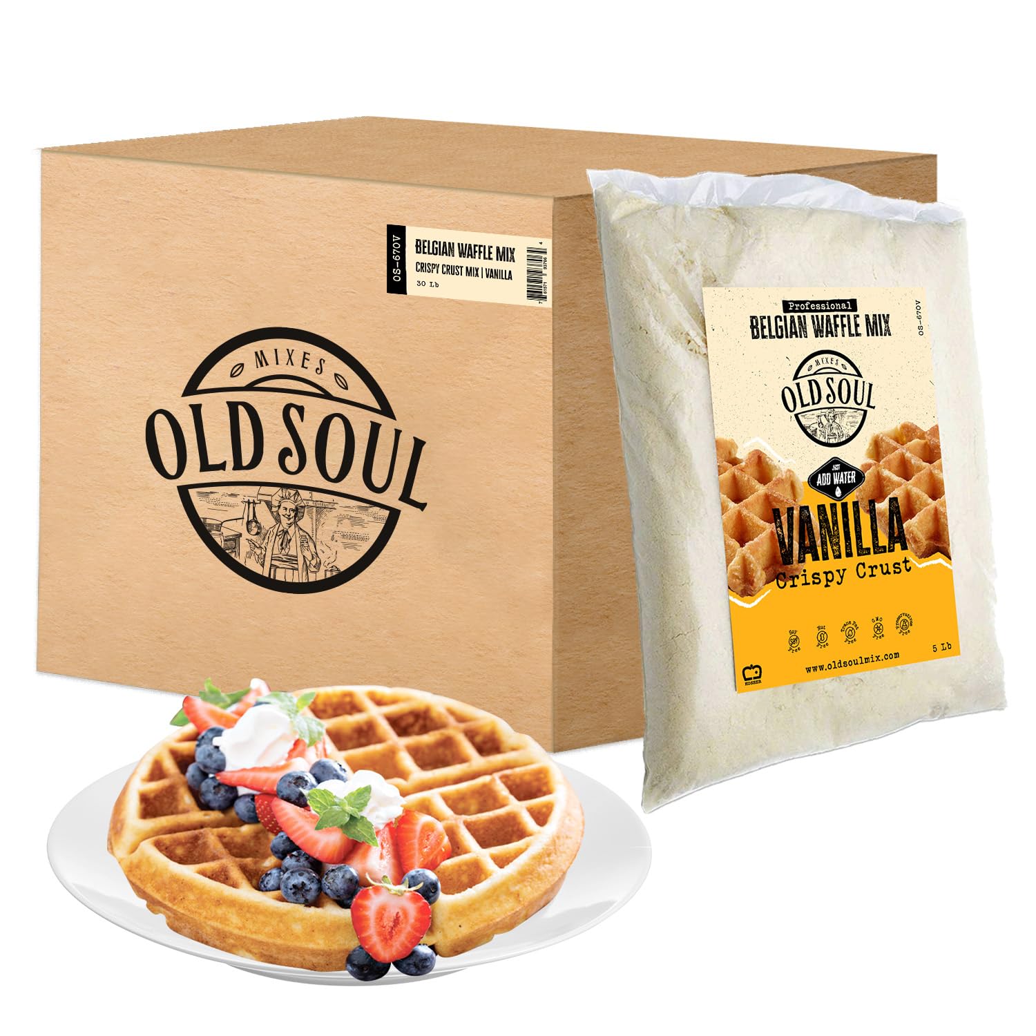 OldSoul – Mezcla profesional de gofres belgas  Sin gluten y vegano  Crujiente  30 libras  Sabor vainilla  168 waffles (30 libras, sin gluten y