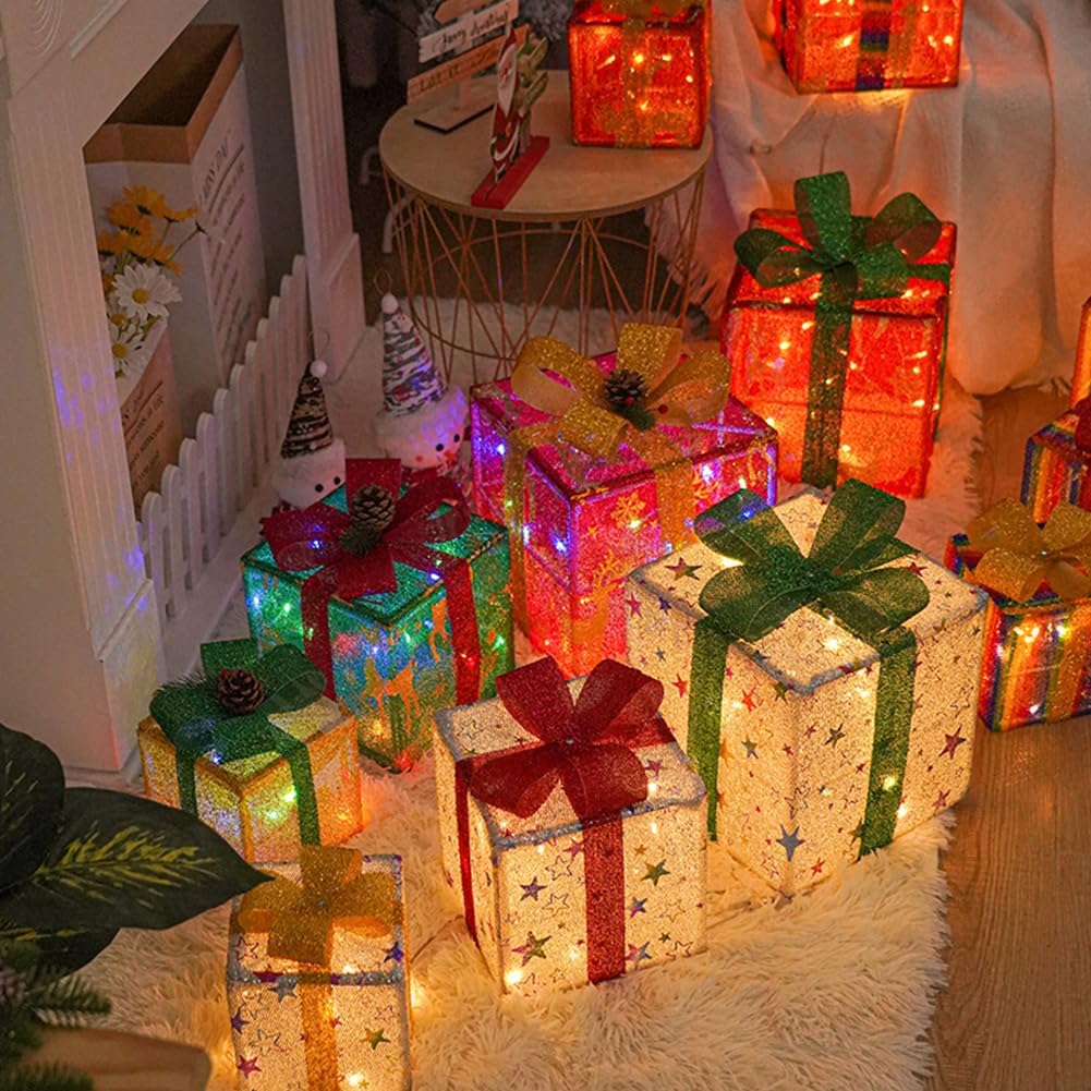 Cajas de regalo iluminadas de Navidad, juego de 3 cajas de decoración de 10 a 8 a 6 pulgadas con lazos y control remoto, funciona con pilas, adorno