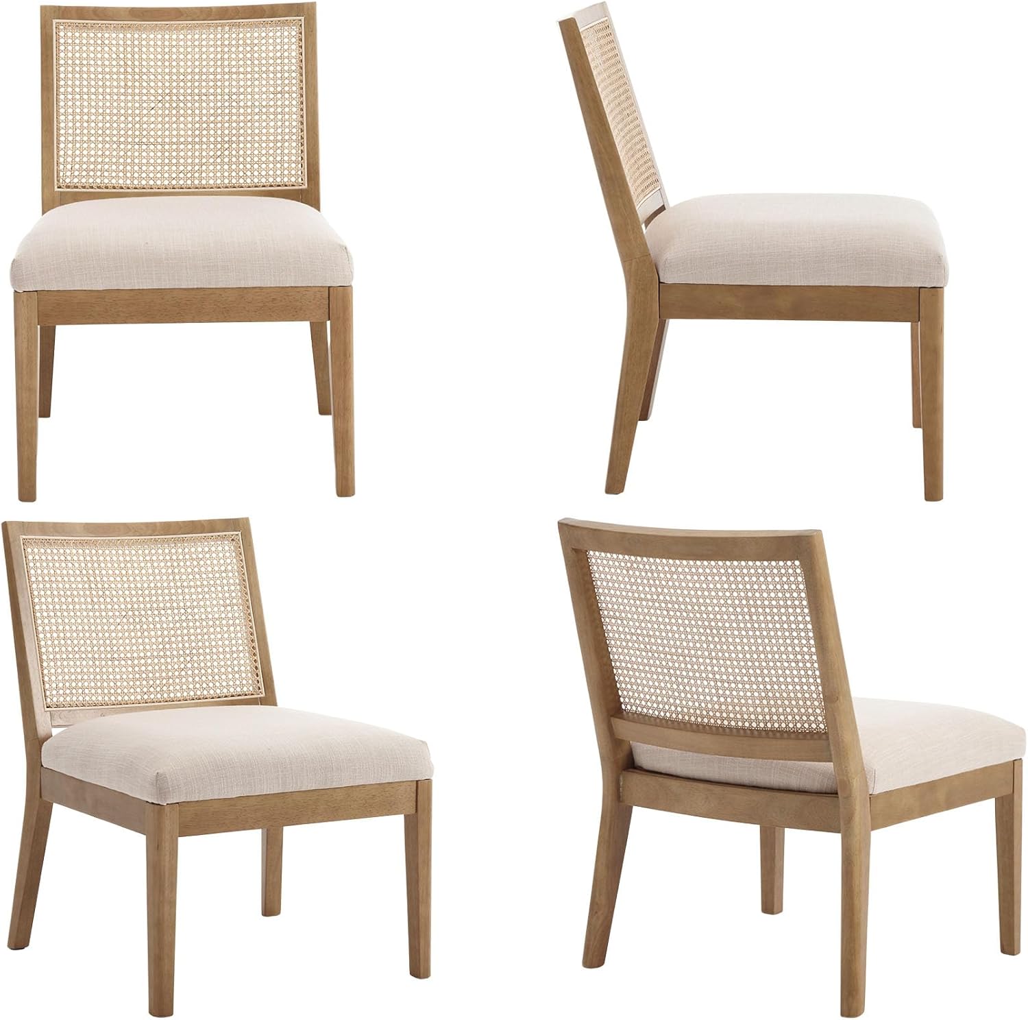 VESCASA Silla decorativa tapizada con respaldo cuadrado de ratán, silla sin brazos con asiento acolchado para sala de estar, lino beige con patas de