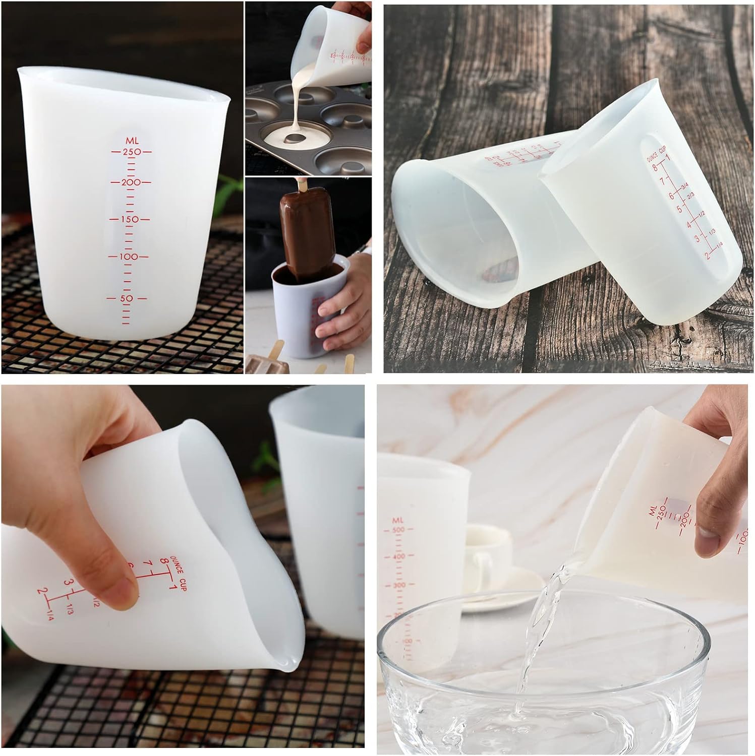 Kit de herramientas de tazas medidoras de resina de silicona, 2 tazas medidoras de 8.5 fl oz para resina epoxi, 4 paletas mezcladoras de resina,