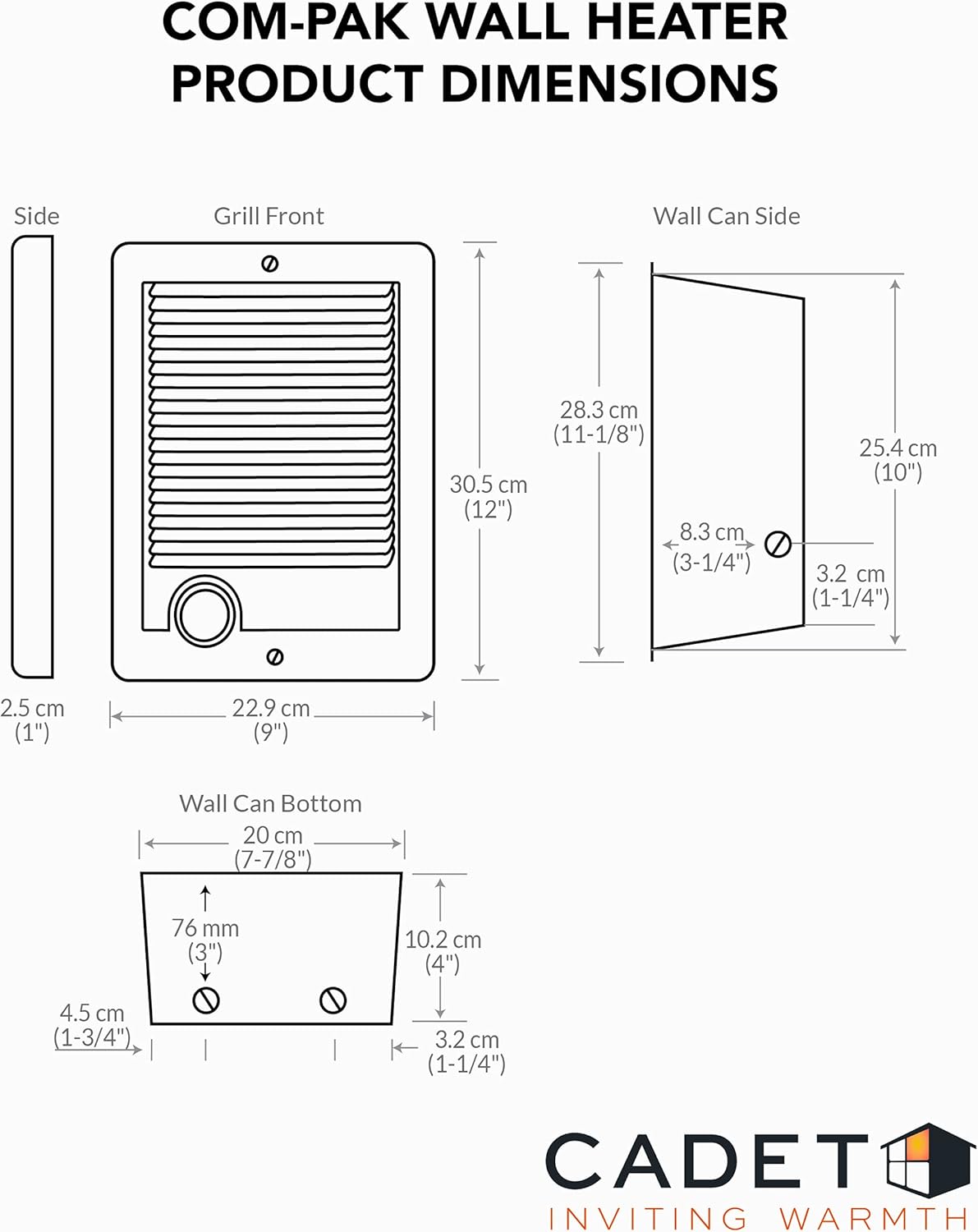 Cadet Com-Pak Calentador de pared eléctrico unidad completa sin termostato (Modelo CSC151W, Parte 67553), 5120 BTU, 120 voltios, 1500 vatios, blanco