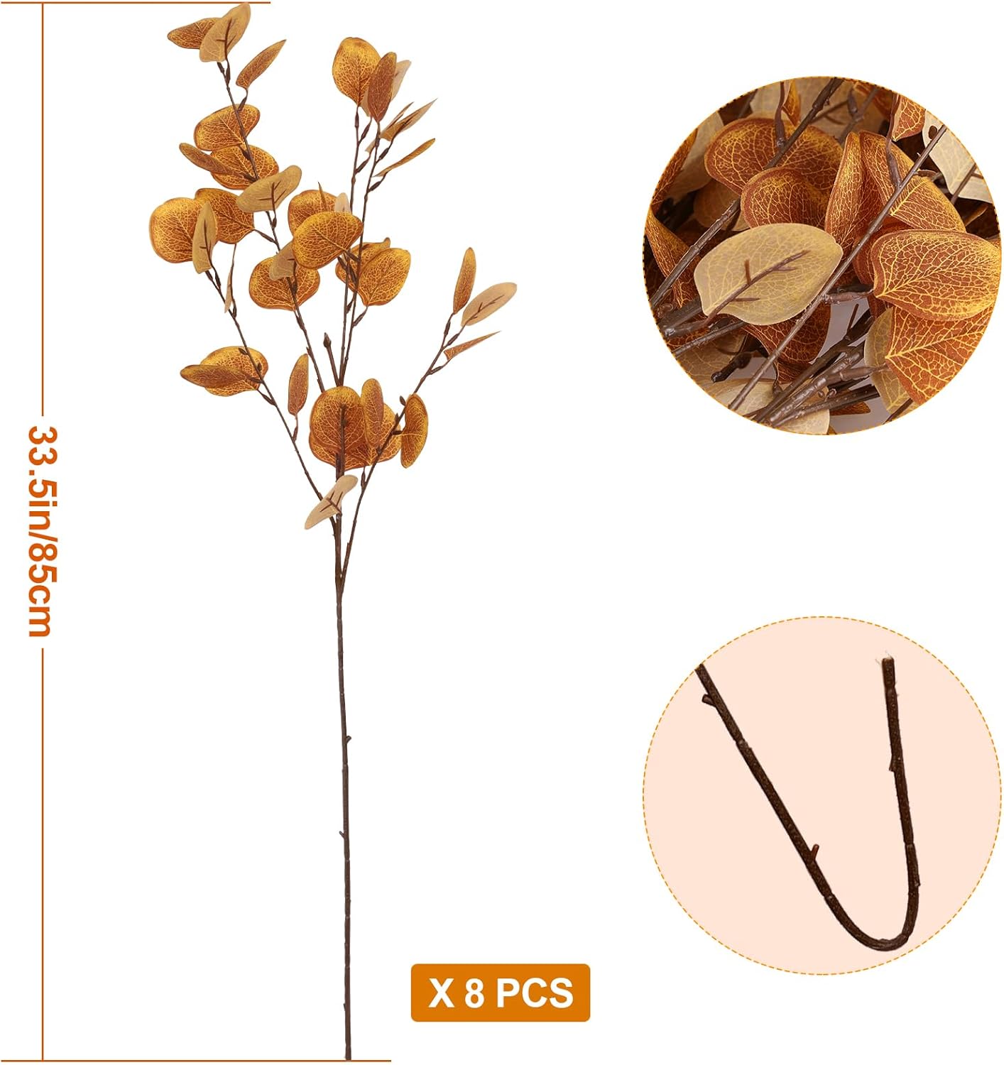 8 piezas de hojas de eucalipto artificiales de otoño, ramas de eucalipto de seda naranja y plata, hojas de eucalipto de otoño, plantas de tallos