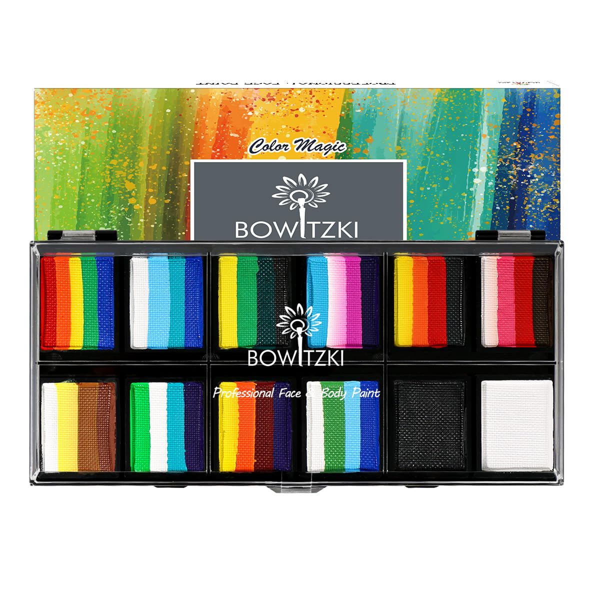 Bowitzki Pintura facial profesional de 12 x 10 gm, kit de pintura facial para niños y adultos, pastel dividido de un solo trazo, no tóxico, arco