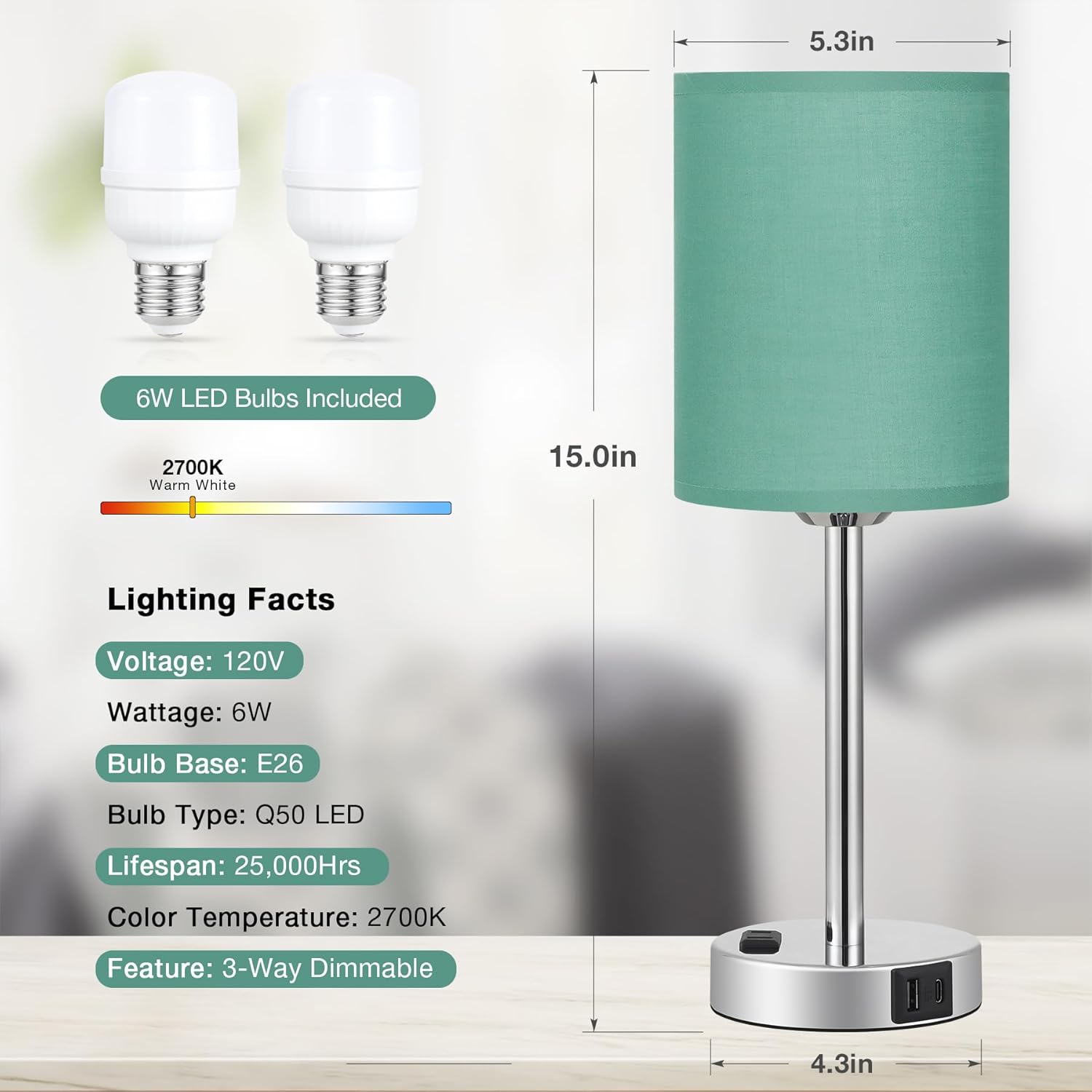 Innqoo Juego de lámparas de mesa táctiles verde azulado de 2 a 3 vías regulables con puertos USB C y A y tomas de corriente, lámpara moderna de