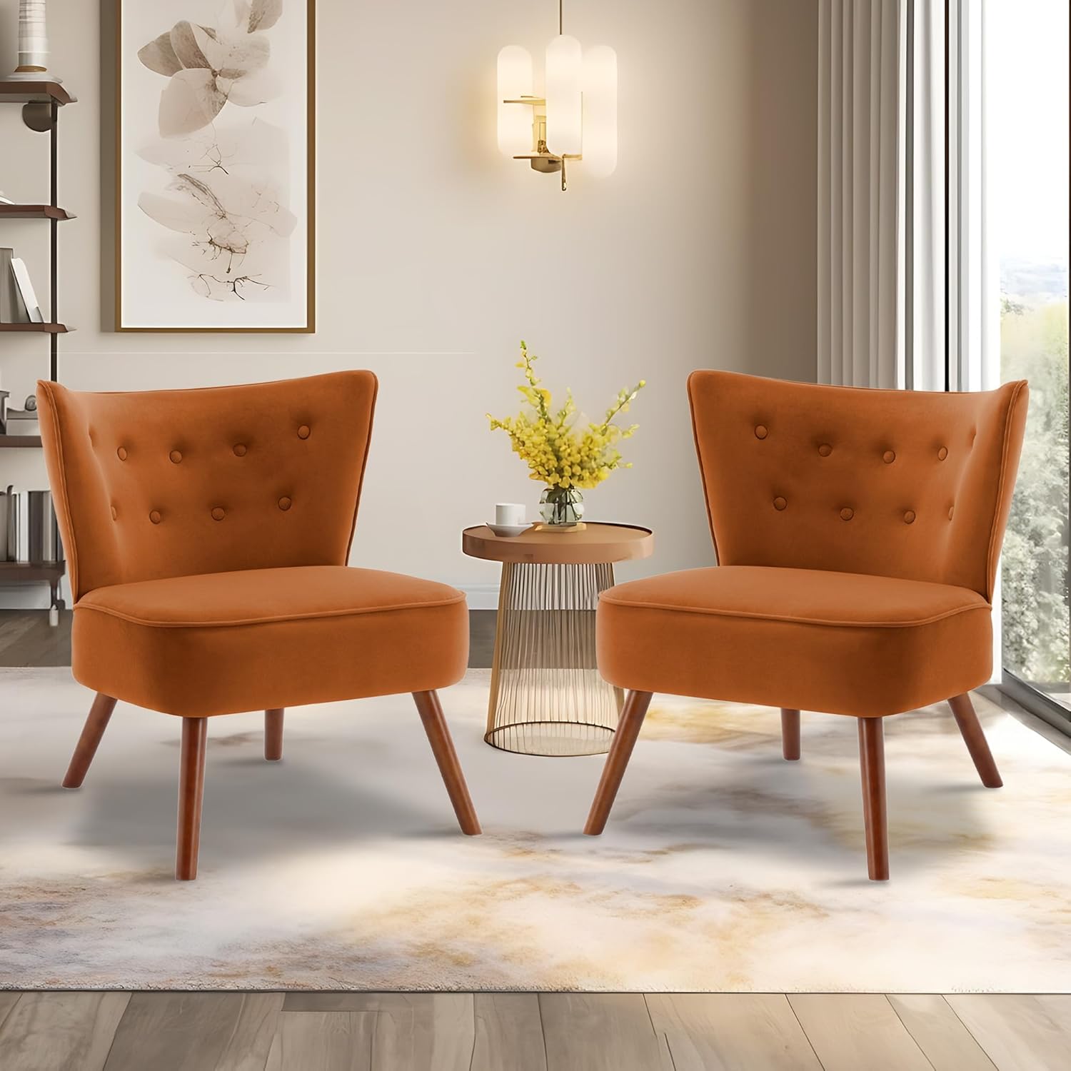 RUOVU Silla decorativa de terciopelo moderna de mediados de siglo, silla de sala de estar sin brazos con patas de madera, silla de club con respaldo
