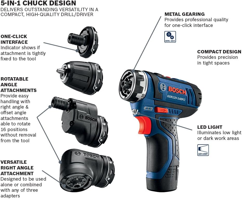 Bosch GSR12V-140FCB22 12V Max Flexiclick 5 en 1 Sistema de taladrodestornillador con 40 piezas de taladro resistente al impacto