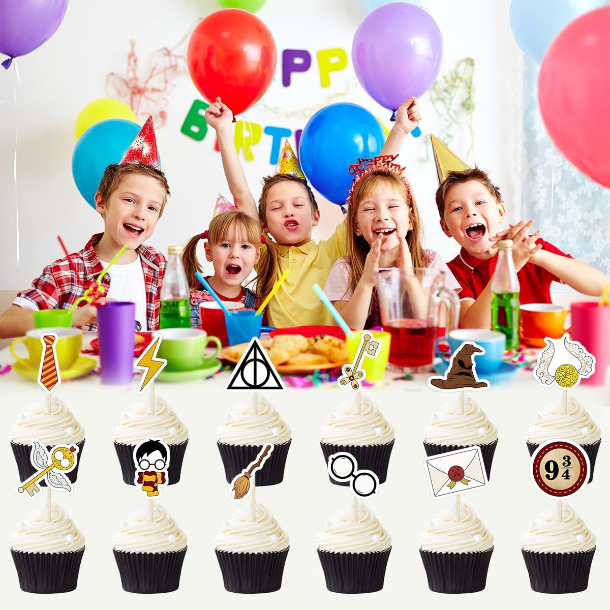 Decoración mágica para tartas de Harry para alfarero, mago escolar de mago escolar, decoración de cupcakes (48 unidades)