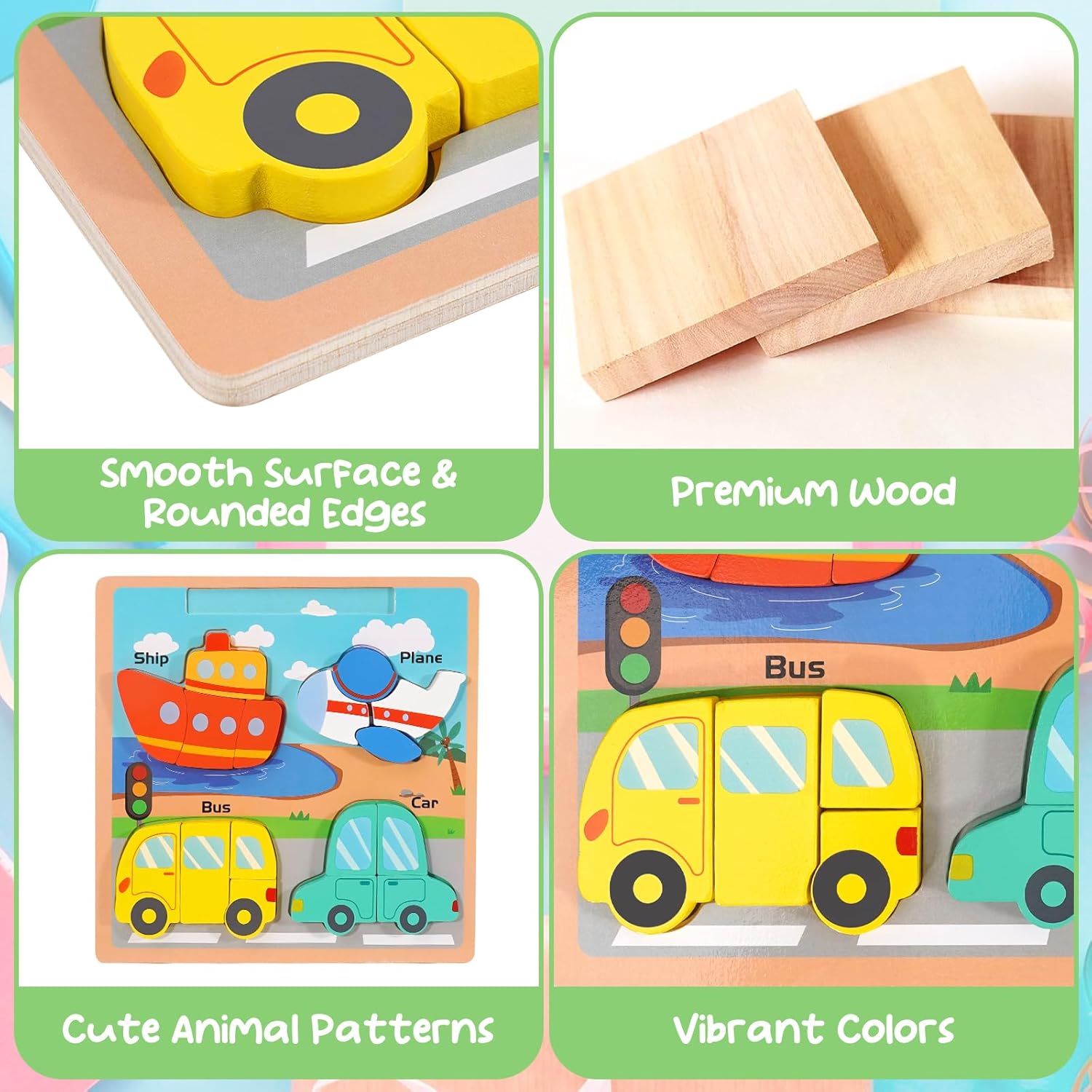 Wooden Puzzles for Toddlers 1-3, Educational Preschool Puzzle Toy, Each Set of Jigsaw Puzzles Contains 4 Patterns, Backside Can be Used as a Drawing