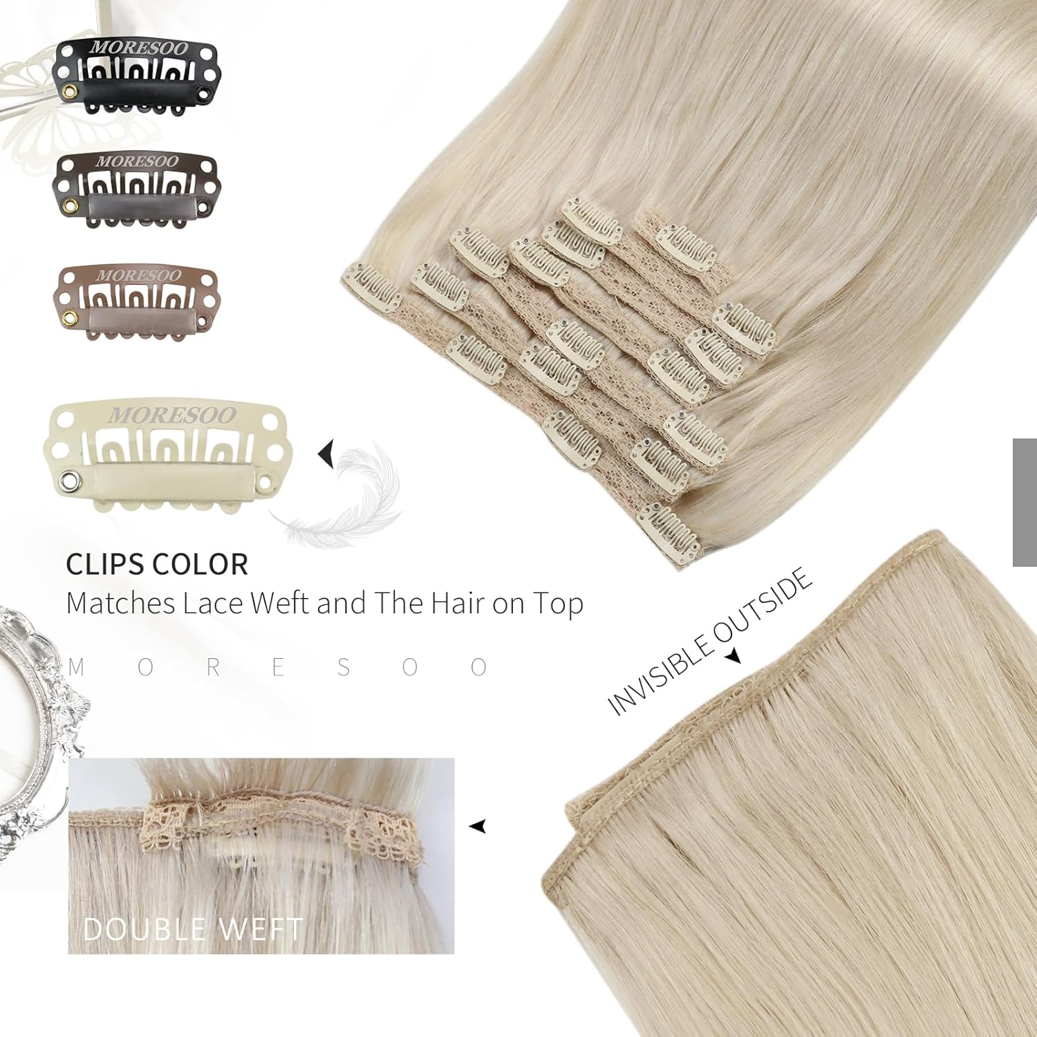 Moresoo Extensiones de cabello humano Remy con clip, color rubio platino, extensiones de cabello humano real de doble trama, color rubio #60, 18