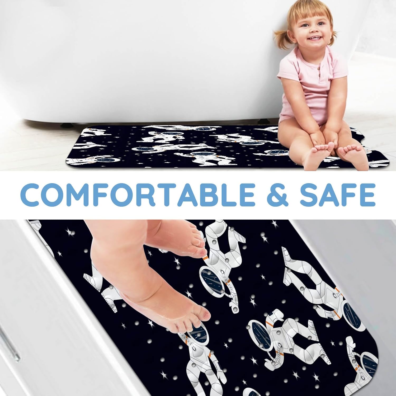 KINUUIS Tapetes de bañera para niños, tapete de baño de astronauta negro antideslizante para bañera de 40 x 16 pulgadas, grande, lavable,