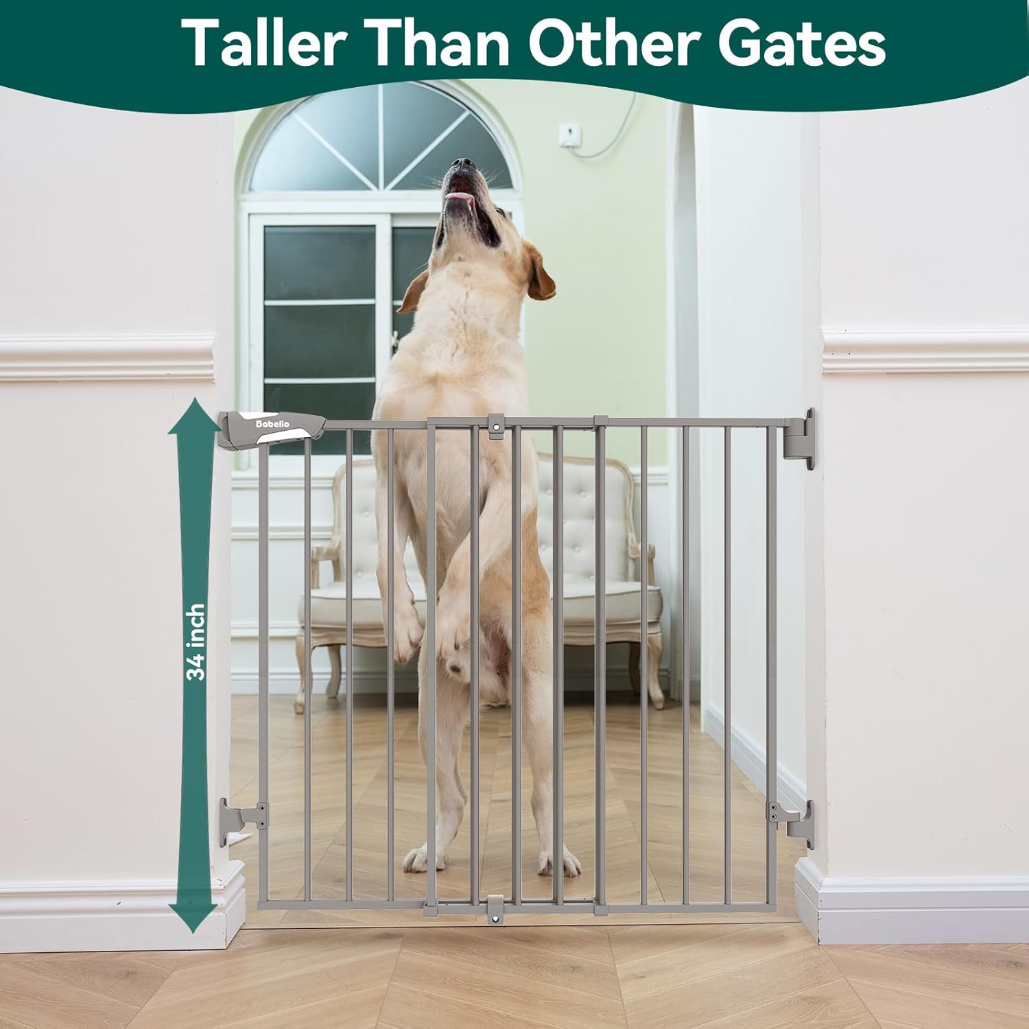Babelio Puerta extra alta para bebéperro de 34 pulgadas con diseño sin umbral, puerta de seguridad de cierre automático de 26-43 pulgadas para