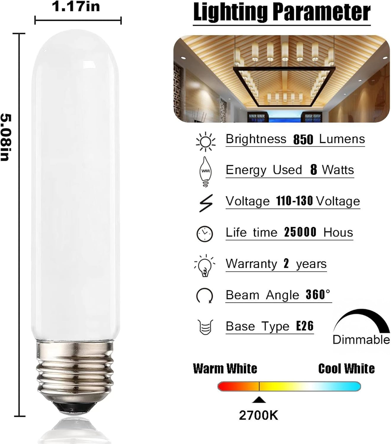 XININSUN Bombillas LED esmeriladas T10, color blanco cálido 2700 K, bombillas LED T10 regulables, equivalente a 60-75 W, bombillas tubulares LED de