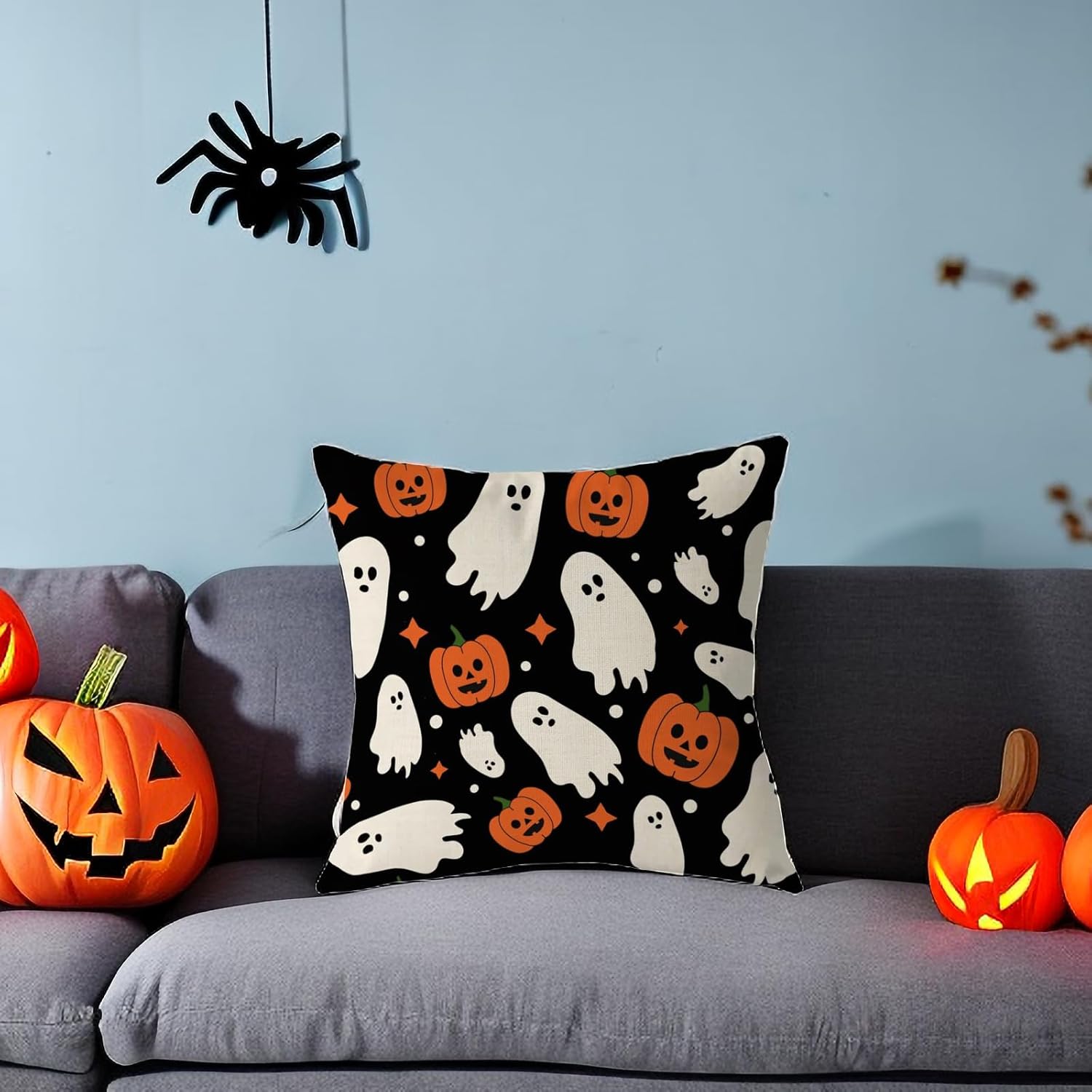 Aitukang Juego de 2 fundas de almohada de Halloween de 16 x 16 pulgadas, diseño de calabaza, fantasma, estrellas, para exteriores, para el hogar,