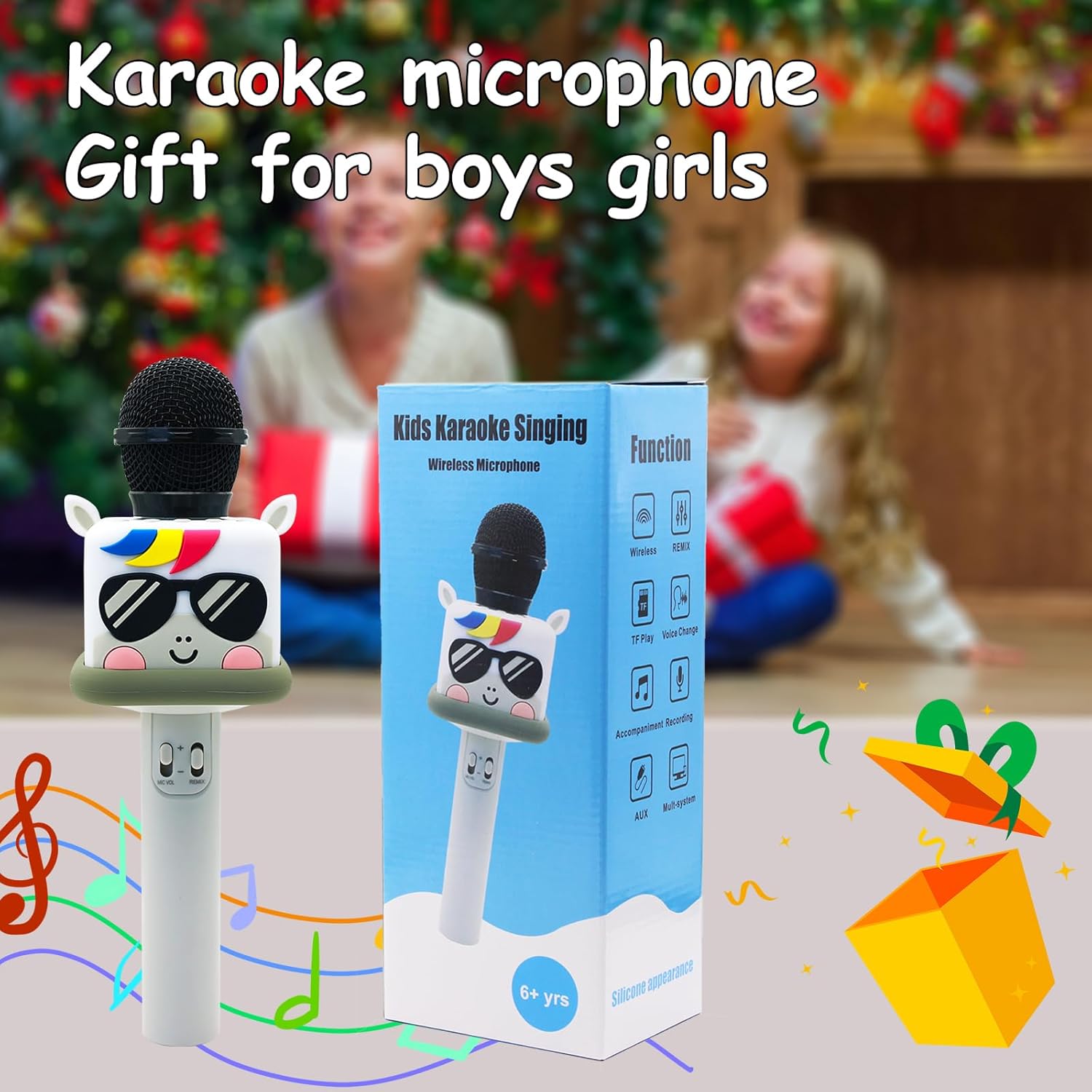 Micrófono de karaoke para niños y niñas, máquina de micrófono de juguete inalámbrico con 4 cambios de sonido, regalo de canto de mano, para Navidad,