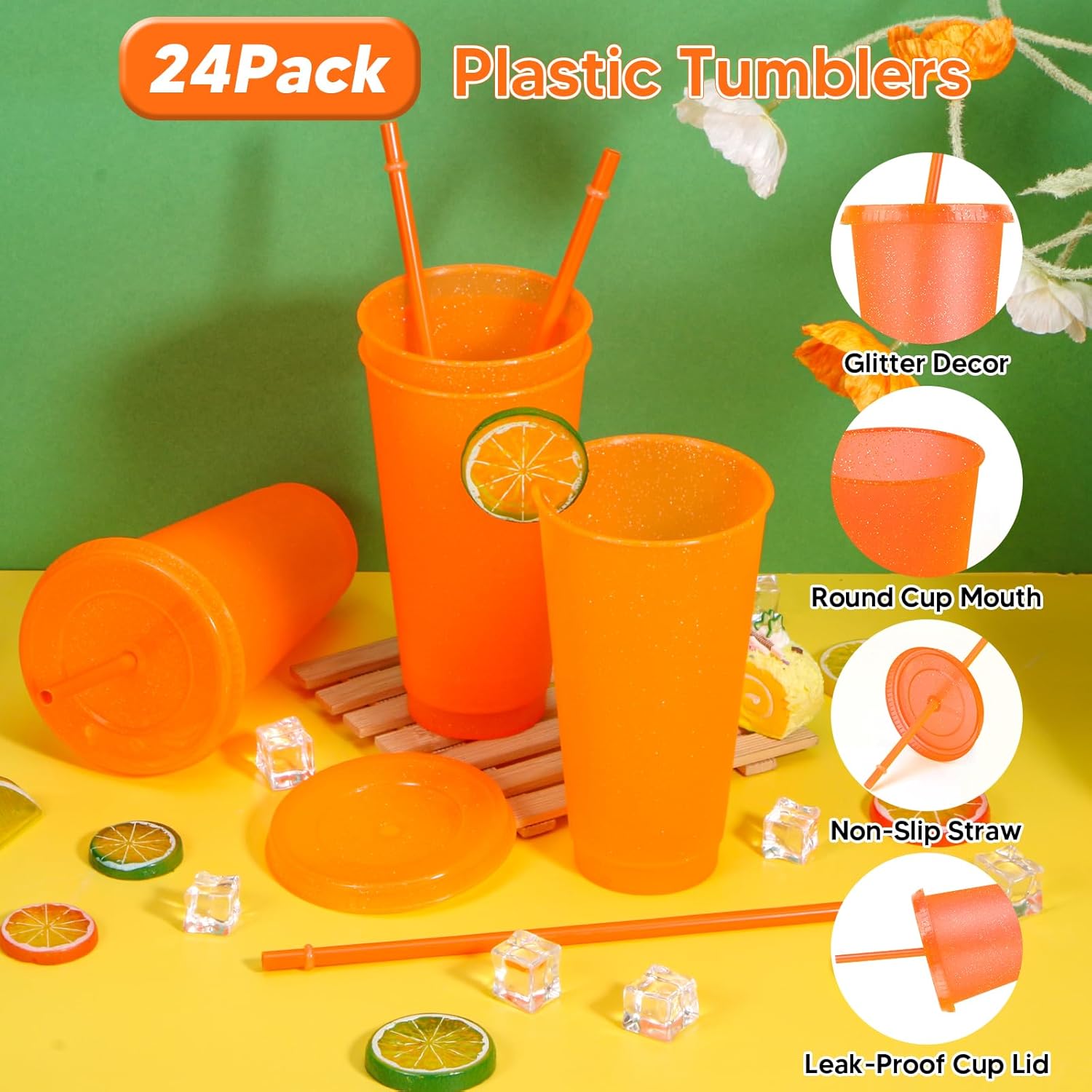 Paquete de 24 vasos de plástico con tapas y pajitas, vasos reutilizables con tapas, vasos coloridos de plástico para fiestas de cumpleaños, taza de