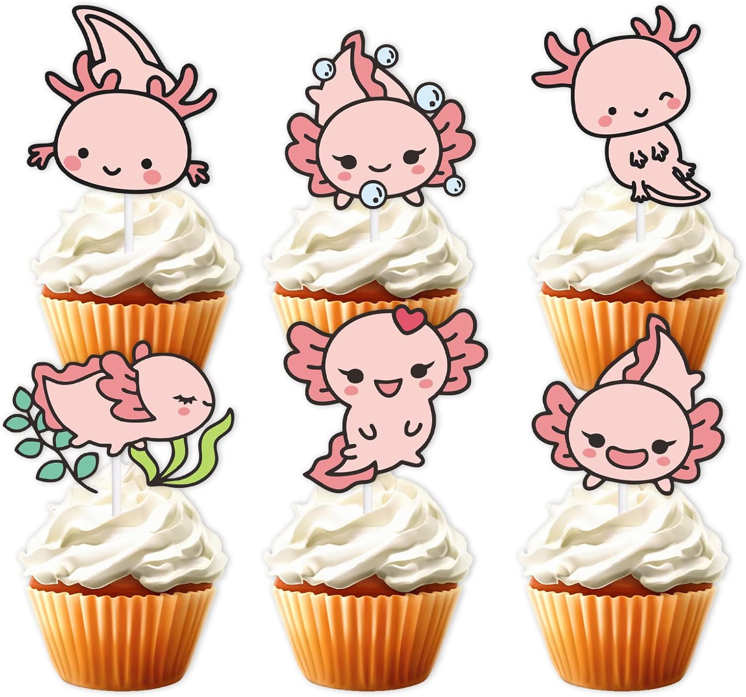 18 piezas de decoración de postre de ajolote rosa con purpurina, diseño de animales de dibujos animados, baby shower, niñas y niños, decoración de