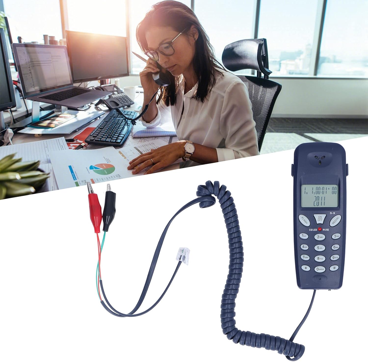 Teléfono con cable, FSK, DTMF Identificador de llamadas Teléfono fijo con cable, con función de pausa de redireccionamiento, visualización de fecha