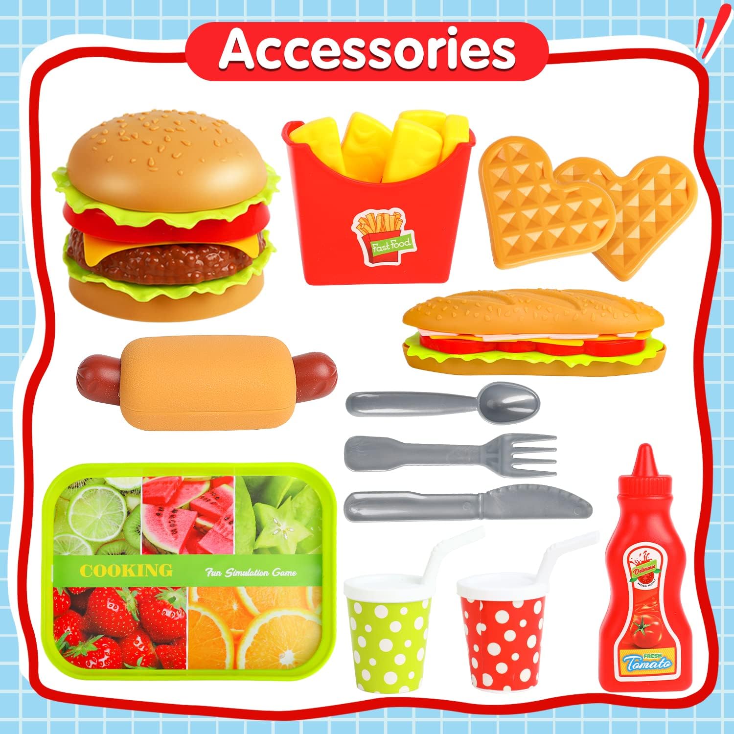 FINGOOO Juego de comida de simulación, hamburguesas fritas, pizza, palomitas de maíz, juguetes de rol, regalo educativo para niños y niñas