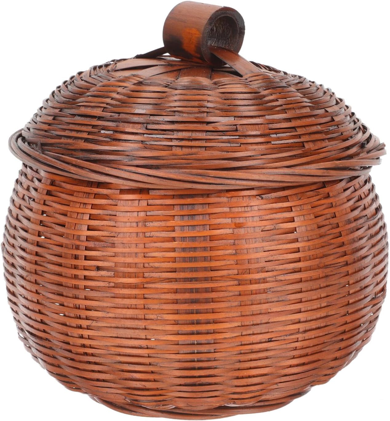 BESTOYARD Cesta de almacenamiento de ratán con forma de calabaza, caja redonda de mimbre, pequeña cesta organizadora tejida con tapa, cesta hecha a