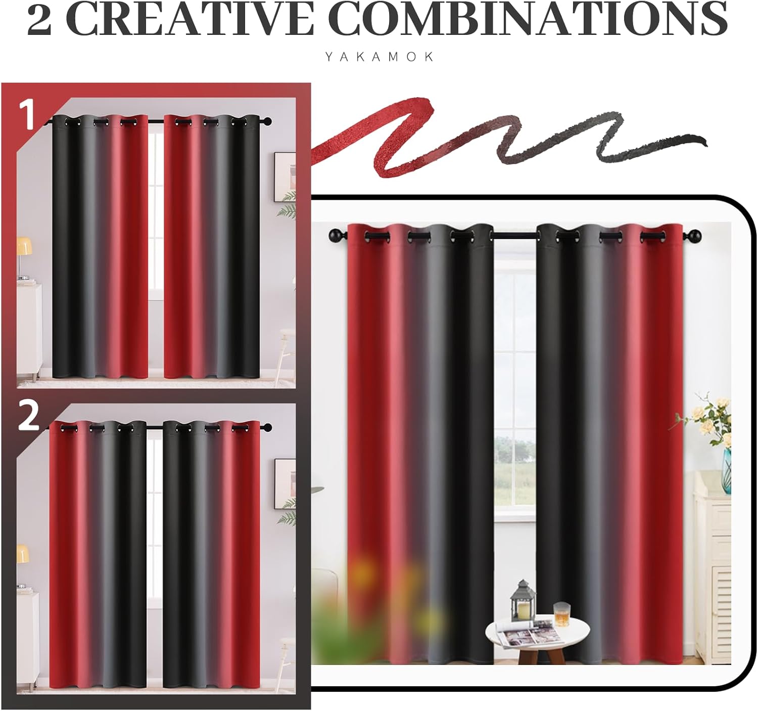 Yakamok Cortinas opacas 100% rojas y negras para dormitorio, cortinas degradadas de oscurecimiento de habitación para sala de estar, cortinas de