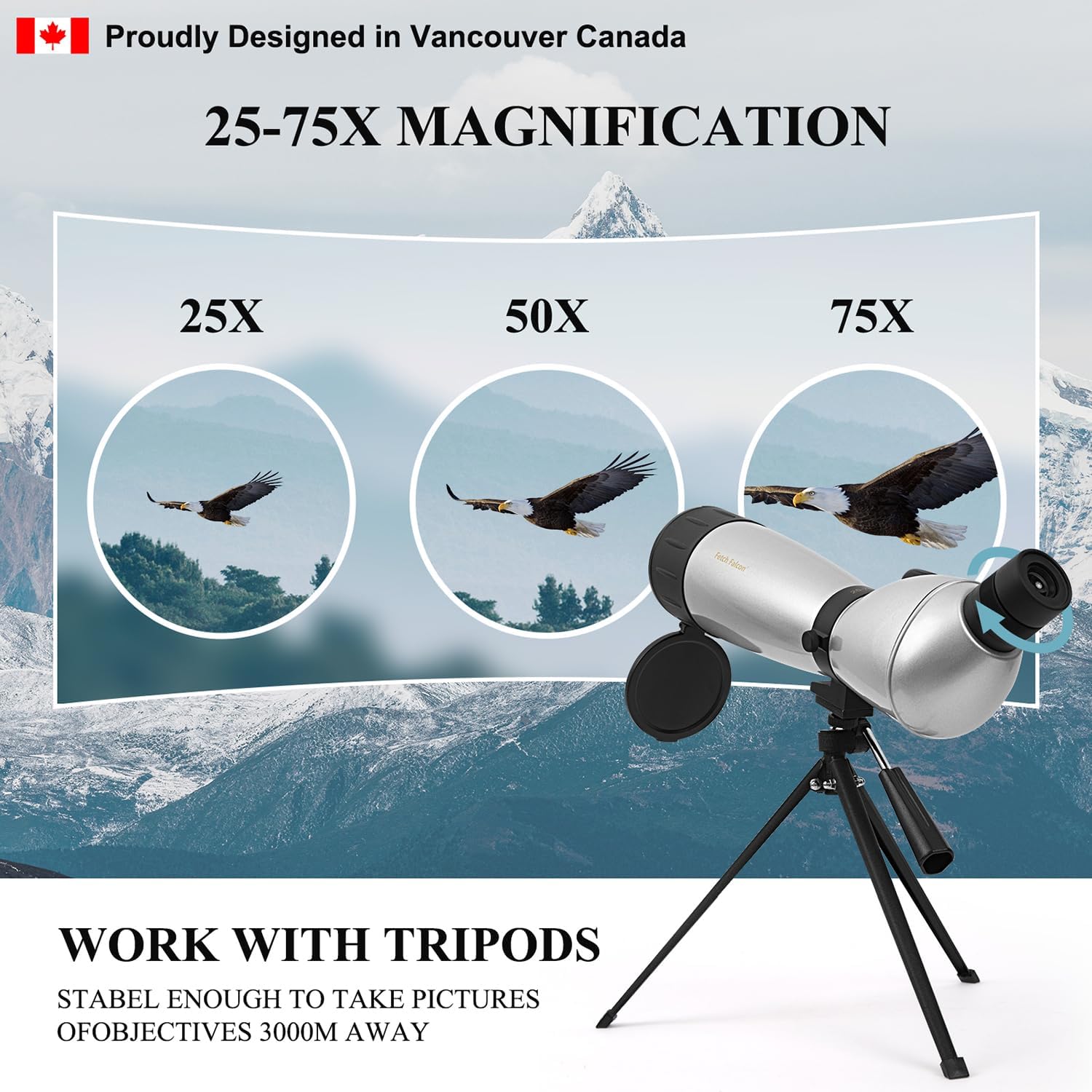 Fetch Falcon 25-75X75 FMC HD Spotting Scope (resistente al agua de largo alcance) con adaptador de teléfono trípode de metal y bolsa de transporte