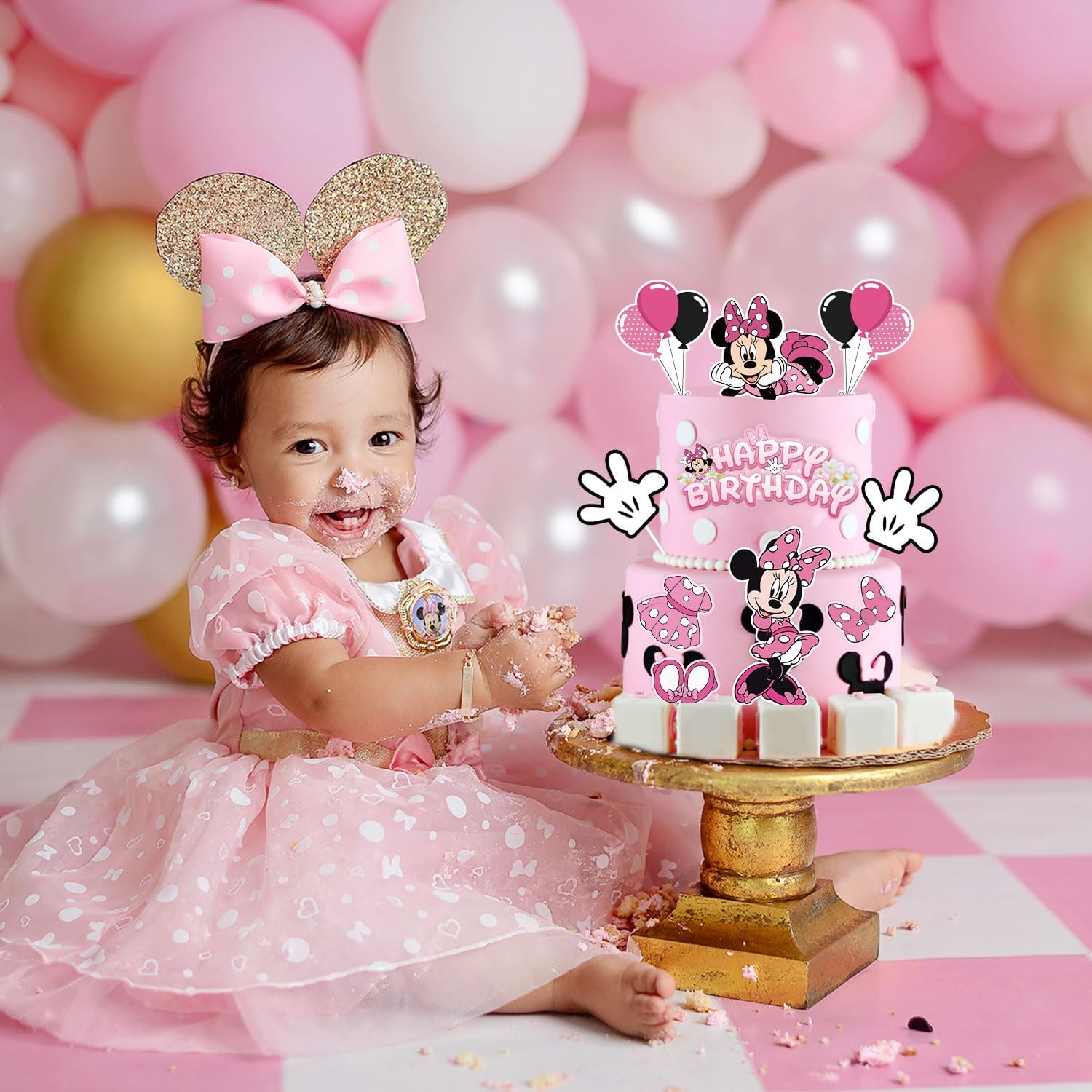 EnlSinr 9 piezas de decoración de pastel de Minnie rosa para niñas, lazo rosa y guantes blancos, decoración de cumpleaños de ratón, decoración de