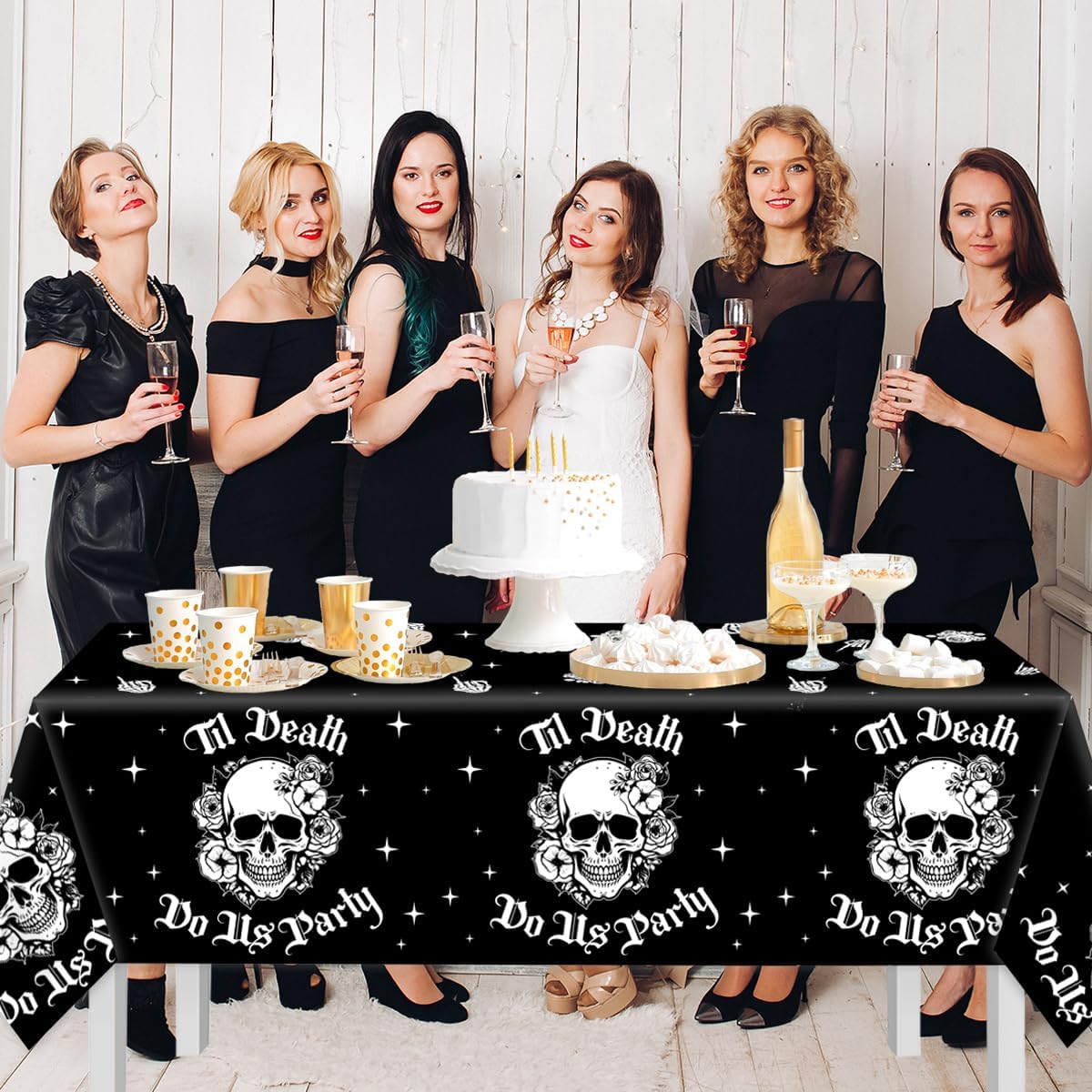 CMUSKO 3 manteles para fiesta de Til Death Do Us, decoraciones de despedida de soltera de Halloween, diseño de calavera gótica negra, desechables,