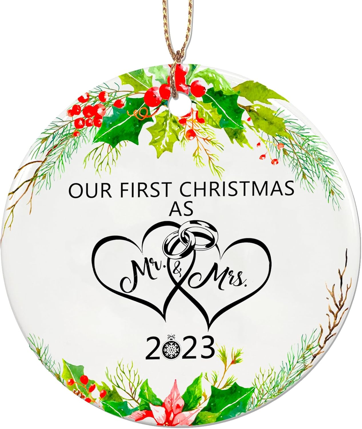 Adorno de Navidad para casados 2023, adornos de Navidad juntos con impresión de doble cara, recuerdo de cerámica, regalos de boda de recién casados