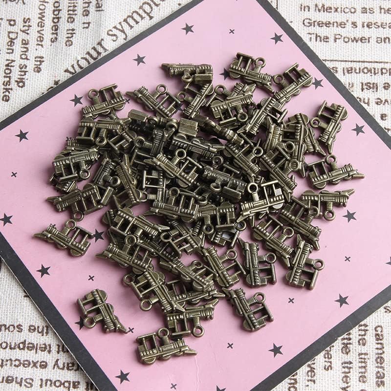 Opexicos 100 dijes de tren y motor de tren, tono plateado envejecido, 3D, 0.591 x 0.591 in, accesorios hechos a mano para manualidades