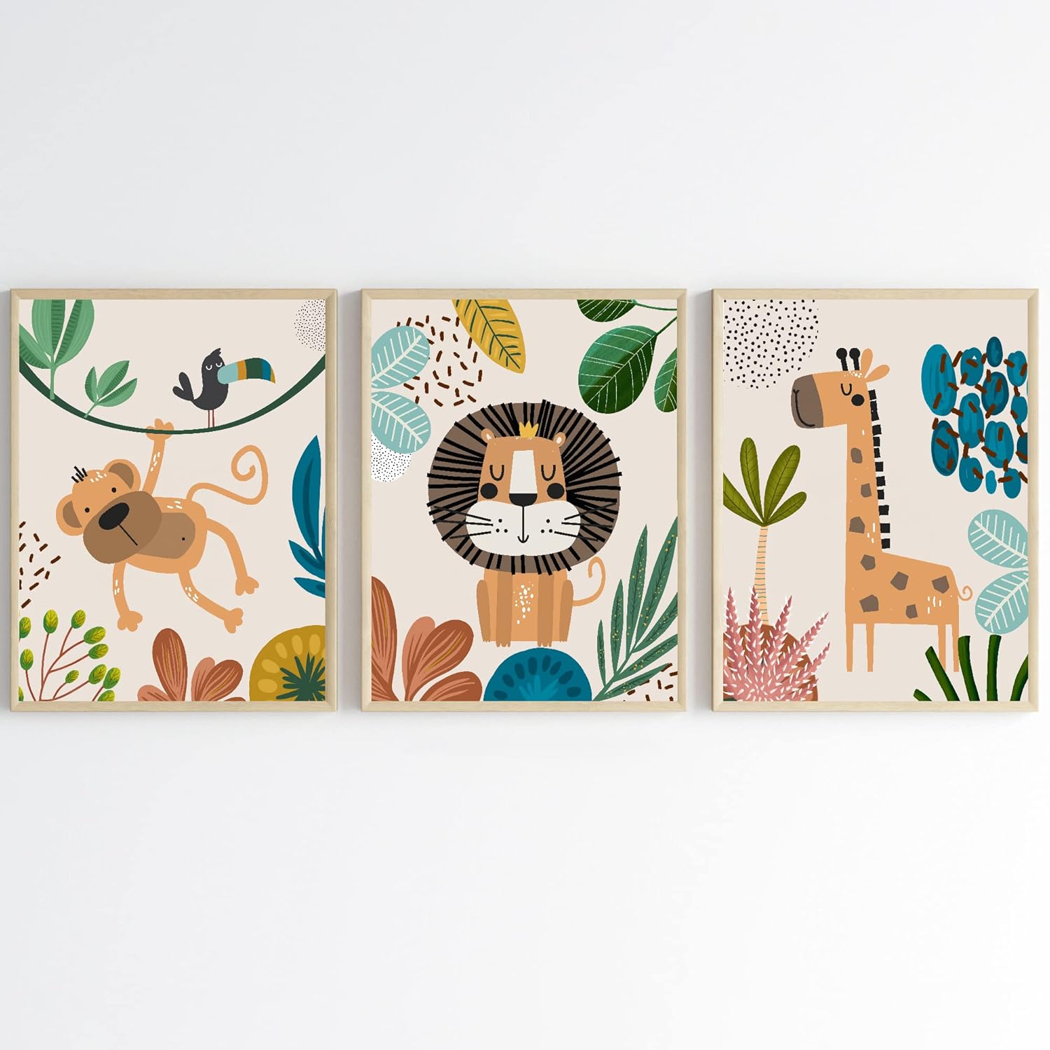 Juego de 3 decoración de pared para guardería, lindos animales, león, mono, jirafa, arte de pared, minimalista, bohemio, póster de safari de selva