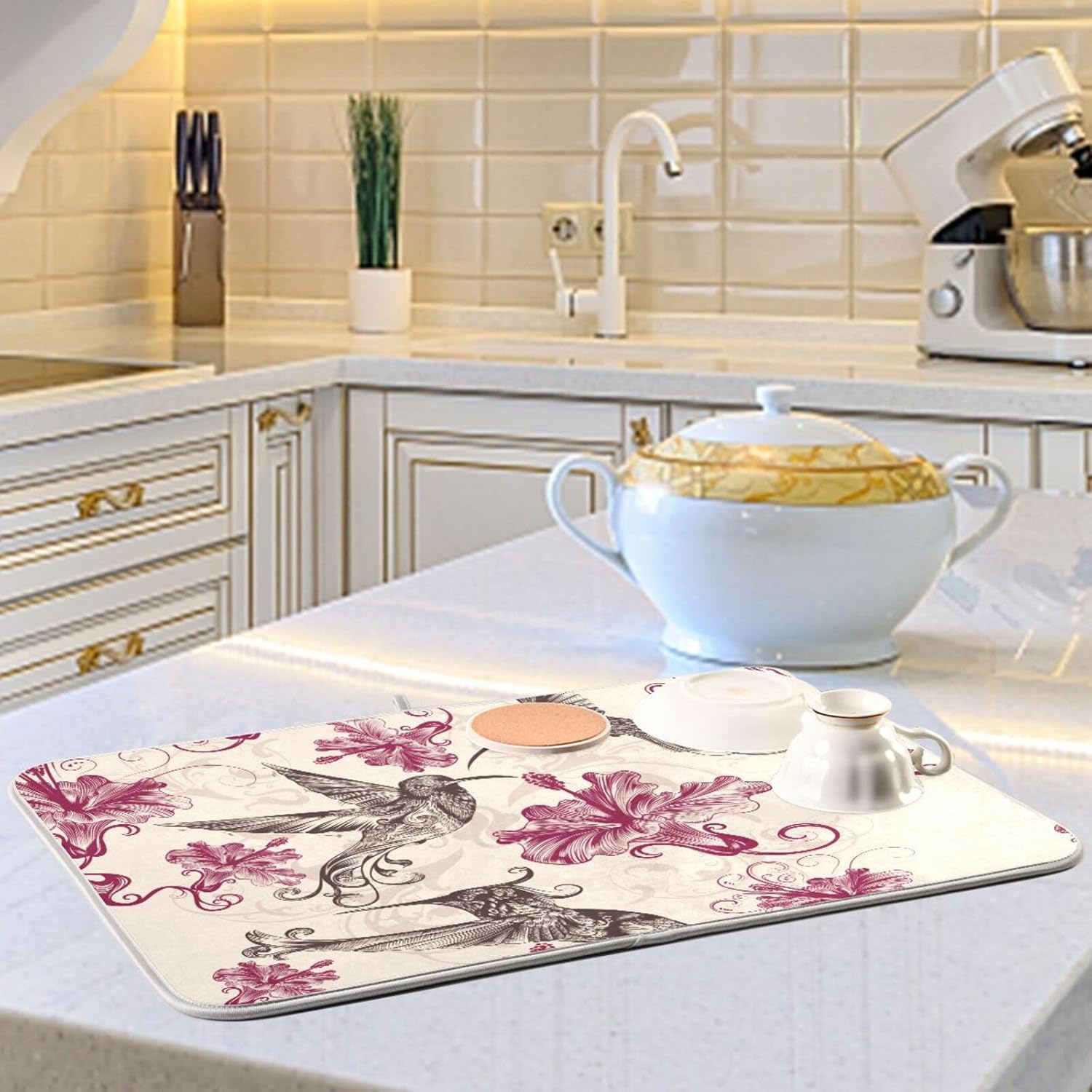 Tapete de secado de platos de flores de colibríes, tapete de café, resistente al calor, tapete absorbente de secado mate para encimera de cocina