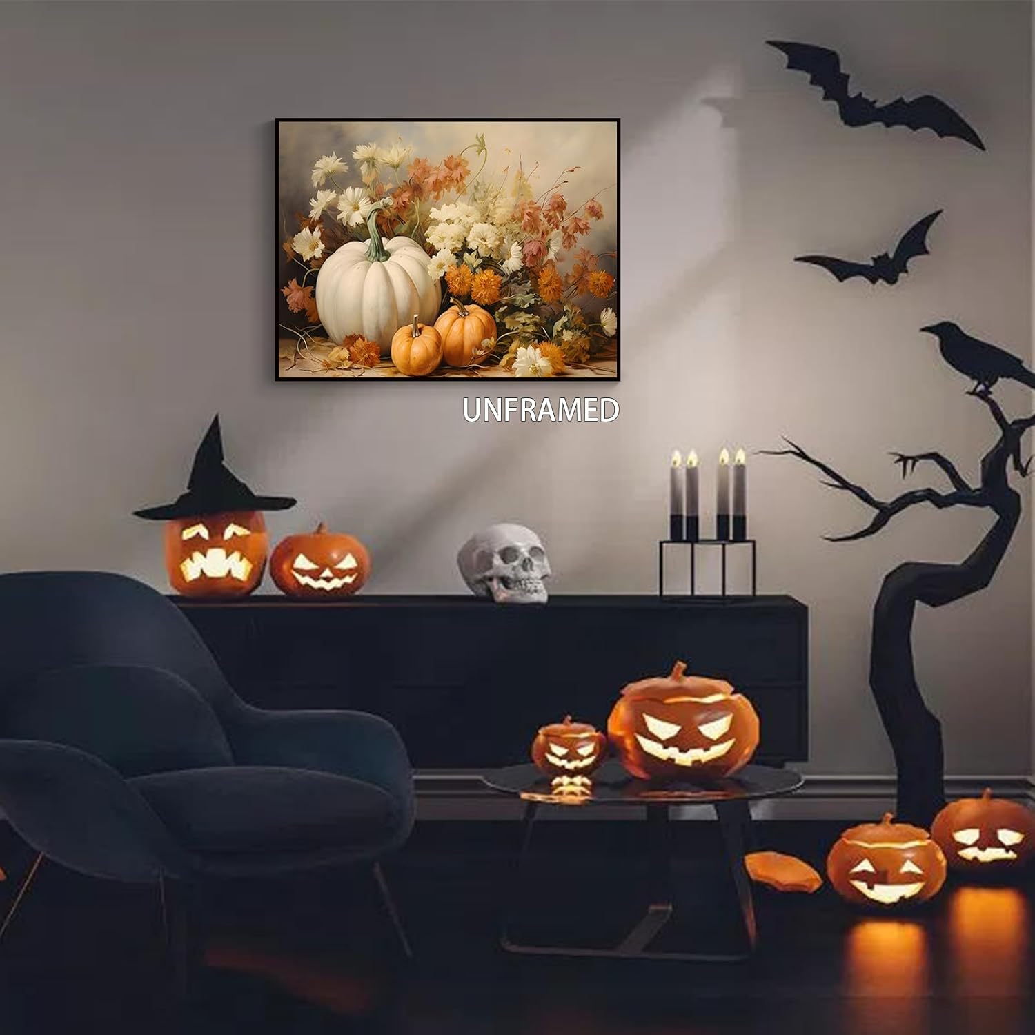 Wodkodnxy Lienzo decorativo para pared de otoño de granja, calabazas blancas y naranjas, cuadros de pintura de naturaleza muerta, carteles rústicos
