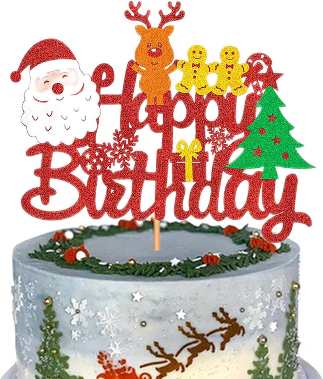 1 decoración grande para tartas de Navidad, cartel de decoración de pastel de Navidad, picks de comida de Navidad con purpurina para Navidad, fiesta