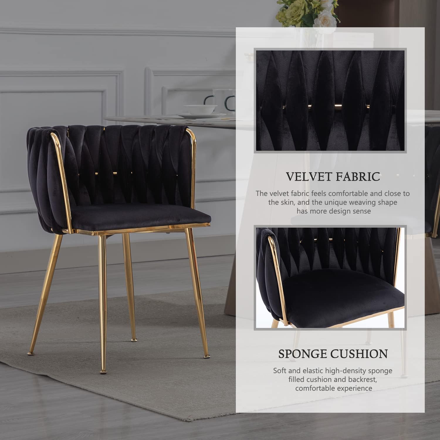 Kiztir Juego de 2 sillas de comedor de terciopelo, sillas de comedor tapizadas con patas de metal dorado, sillas de comedor copetudas de lujo para