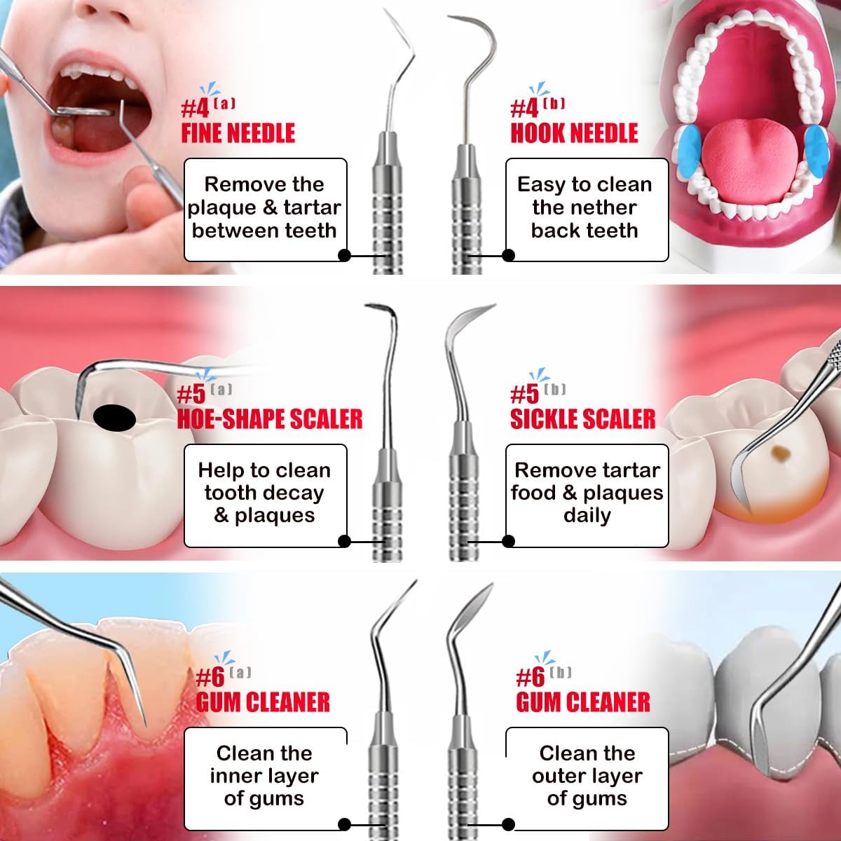 CATACC PRO Herramientas dentales, púa dental, kit de higiene dental, kit de herramientas de limpieza dental de acero inoxidable con raspador de