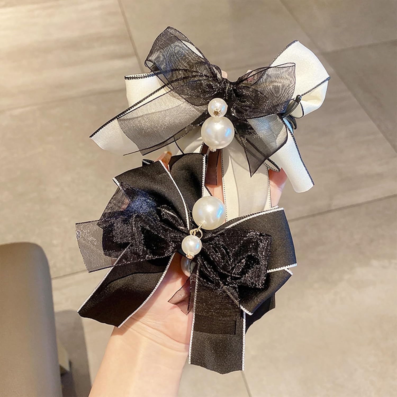 2 pinzas para el cabello con lazo de encaje, color blanco y negro, cinta para el cabello, pinzas para cola de caballo para mujeres y niñas, moda