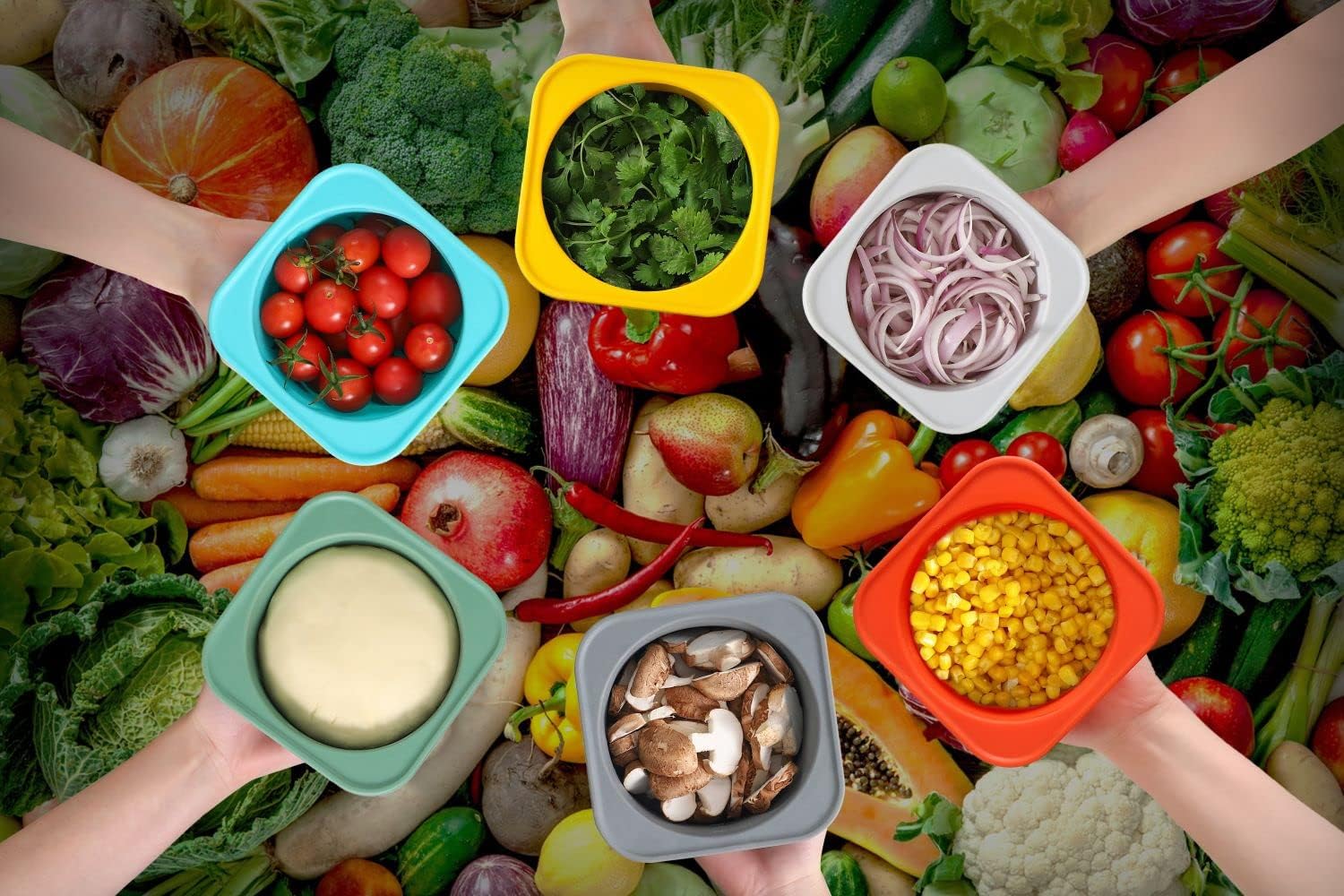 KEVJES Recipientes apilables de silicona para masa de pizza con tapas, porción de 16.9 fl oz, paquete de 6 (1 amarillo+1 verde+1 azul+1 gris+1 gris
