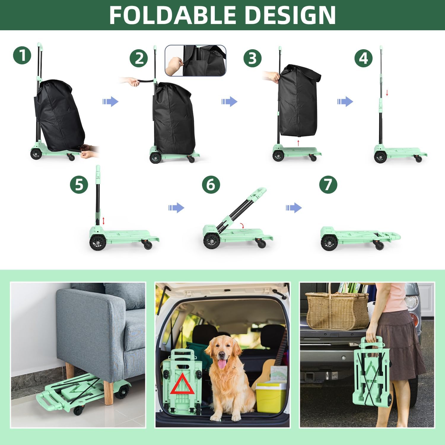 SELORSS Carro de mano plegable 2 en 1, carrito de compras portátil con ruedas y bolsa impermeable extraíble, plegable, ligero, de gran capacidad