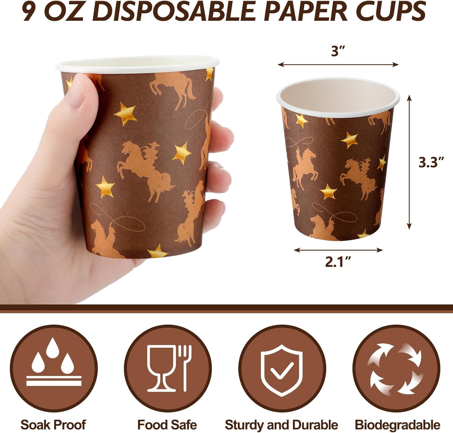 Yaomiao 200 vasos de papel desechables para fiesta de vaquero occidental, a granel, 9 onzas, vasos de papel desechables para café, suministros para