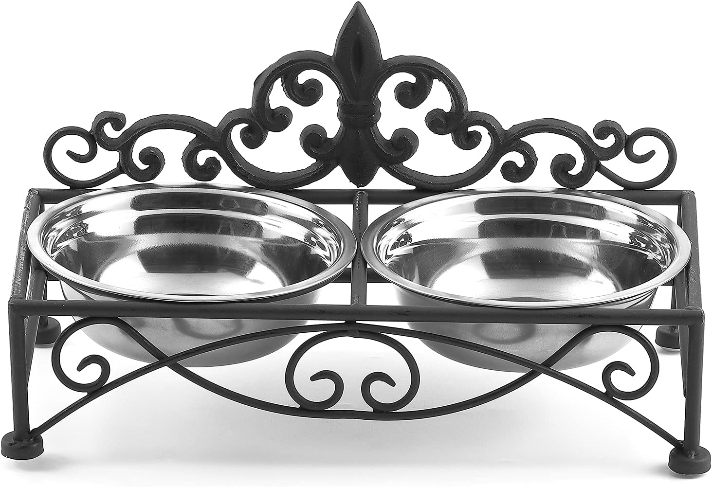 Lechesis Fleur De Lis – Comedero para mascotas para perros pequeños y gatos de acero inoxidable con soporte de hierro (negro)