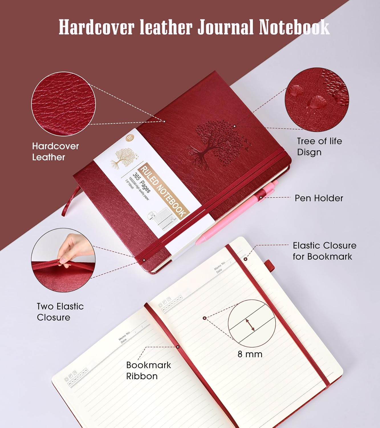 Cuaderno rayado, diario B5 de 365 páginas para escribir cuaderno con rayas universitarias, diario de cuero de tapa dura para mujeres y hombres,